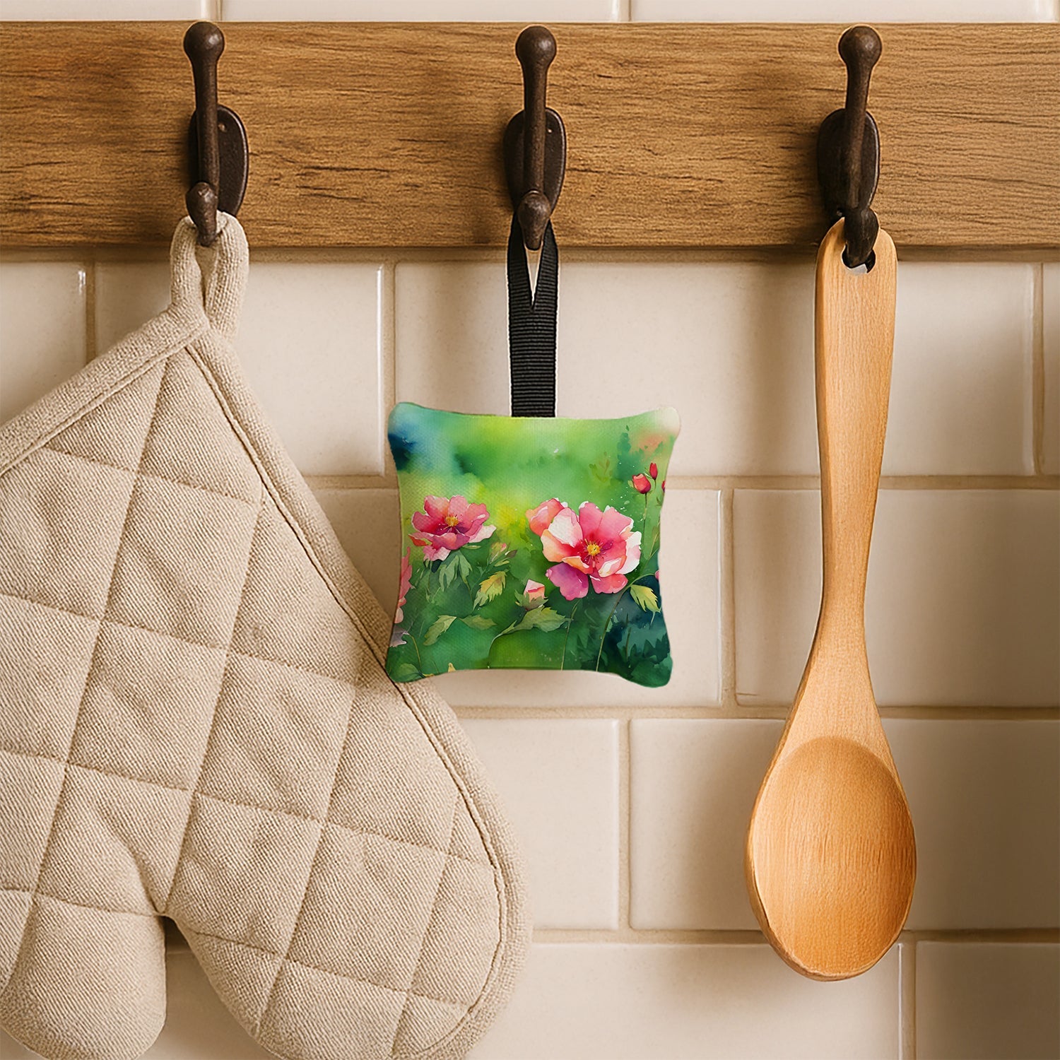 Iowa Wild Prairie Roses in Watercolor Hanging Square Fabric Ornament 3.5 × 3.5 Decorative Door-Knob & Tree Hanger, Soft Fabric