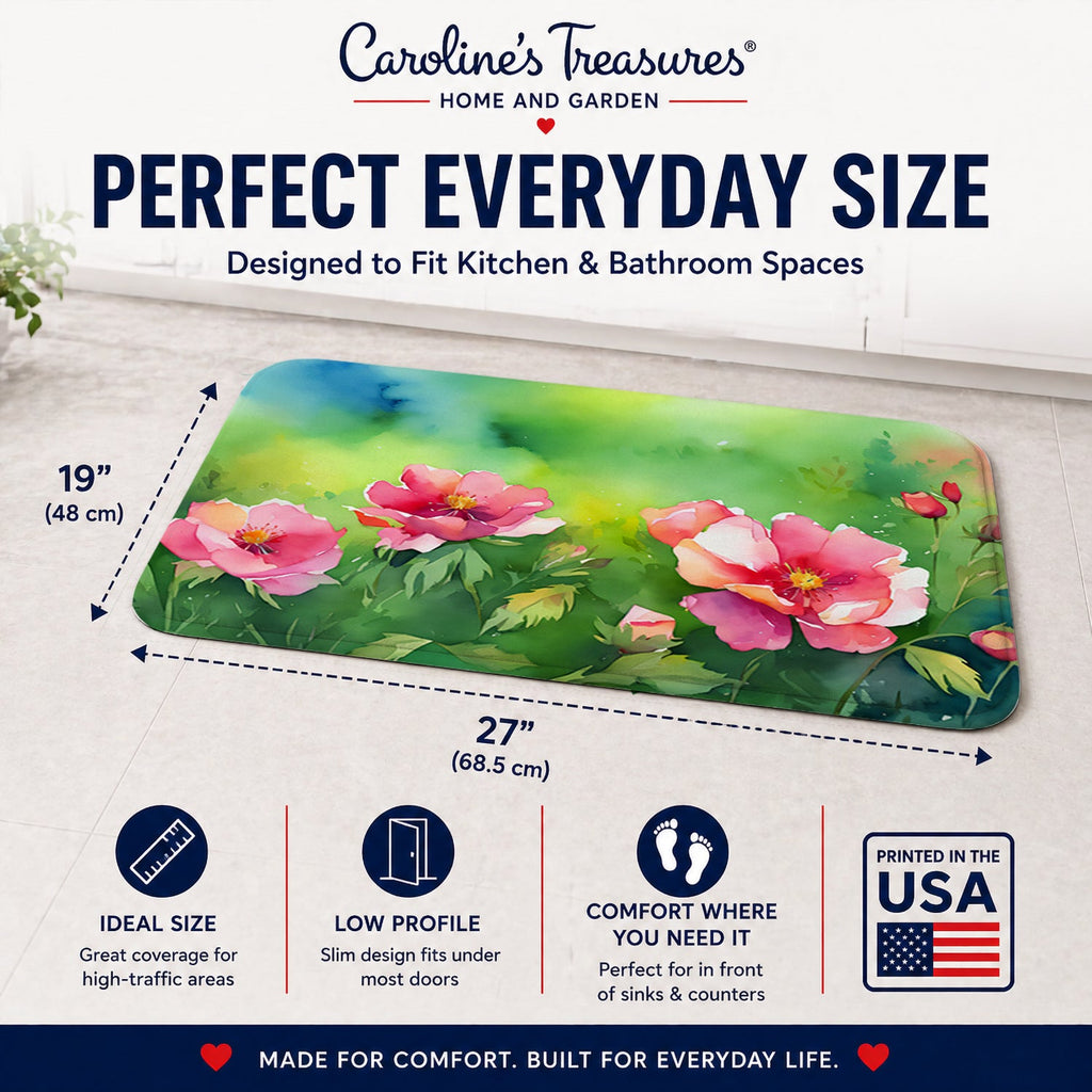 Iowa Wild Prairie Roses in Watercolor Memory Foam Kitchen Mat Machine Washable Anti-Fatigue Cushion Comfort Bath or Kitchen Rug