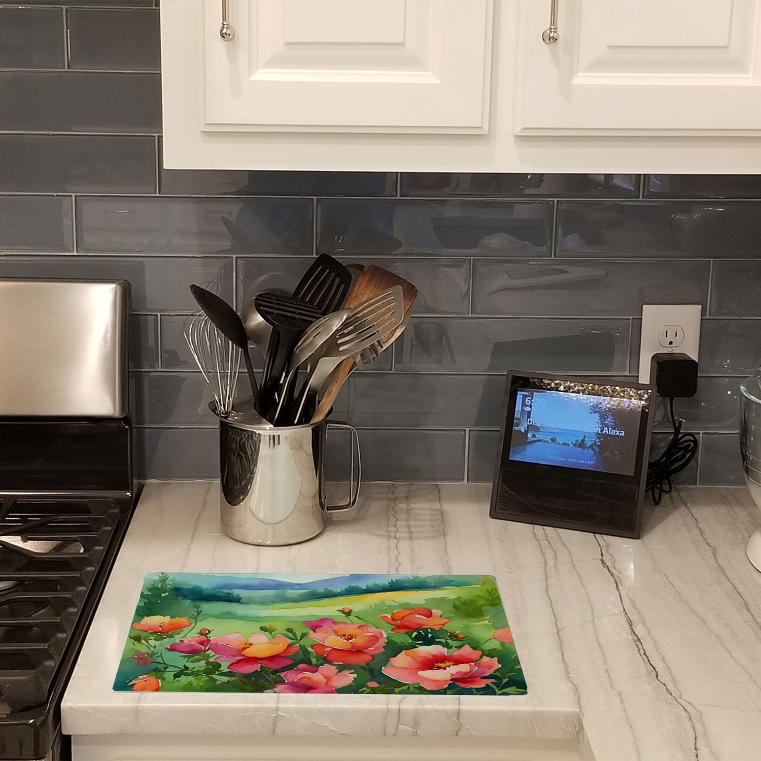 Iowa Wild Prairie Roses in Watercolor Cutting Board Tempered Glass Kitchen Cutting Surface, Heat Resistant Chopping, Non-Slip Feet, Food Prep & Serving