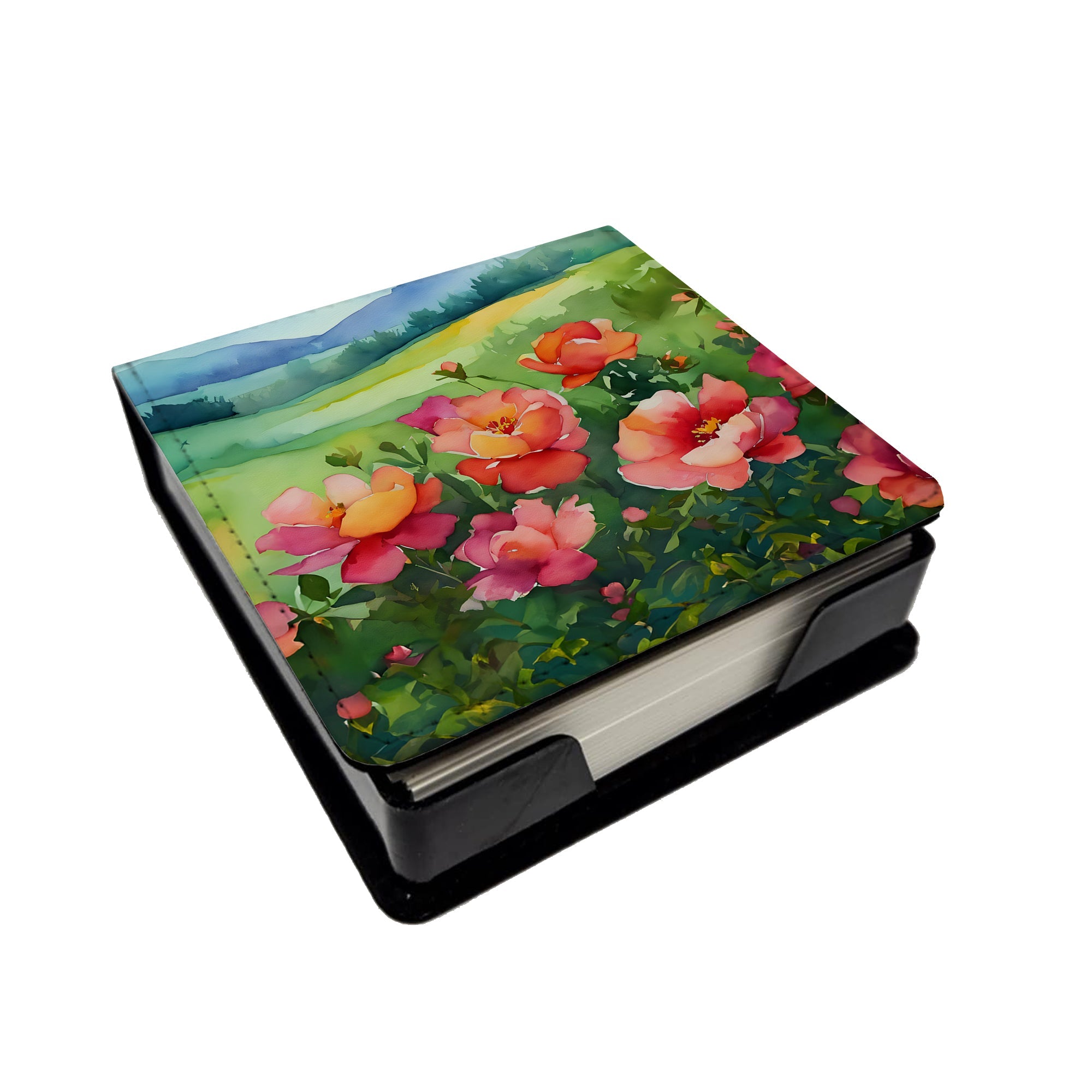 Iowa Wild Prairie Roses in Watercolor PU Leather Note Paper Holder with Artist-Designed Cover, Desk Accessory, Office Gift