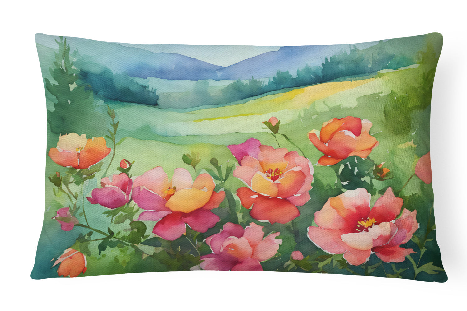 Iowa Wild Prairie Roses in Watercolor Decorative Throw Pillow 12x16 Indoor Outdoor Accent Cushion, Fabric Cover with Insert for Sofa, Bed, Porch & Living Room