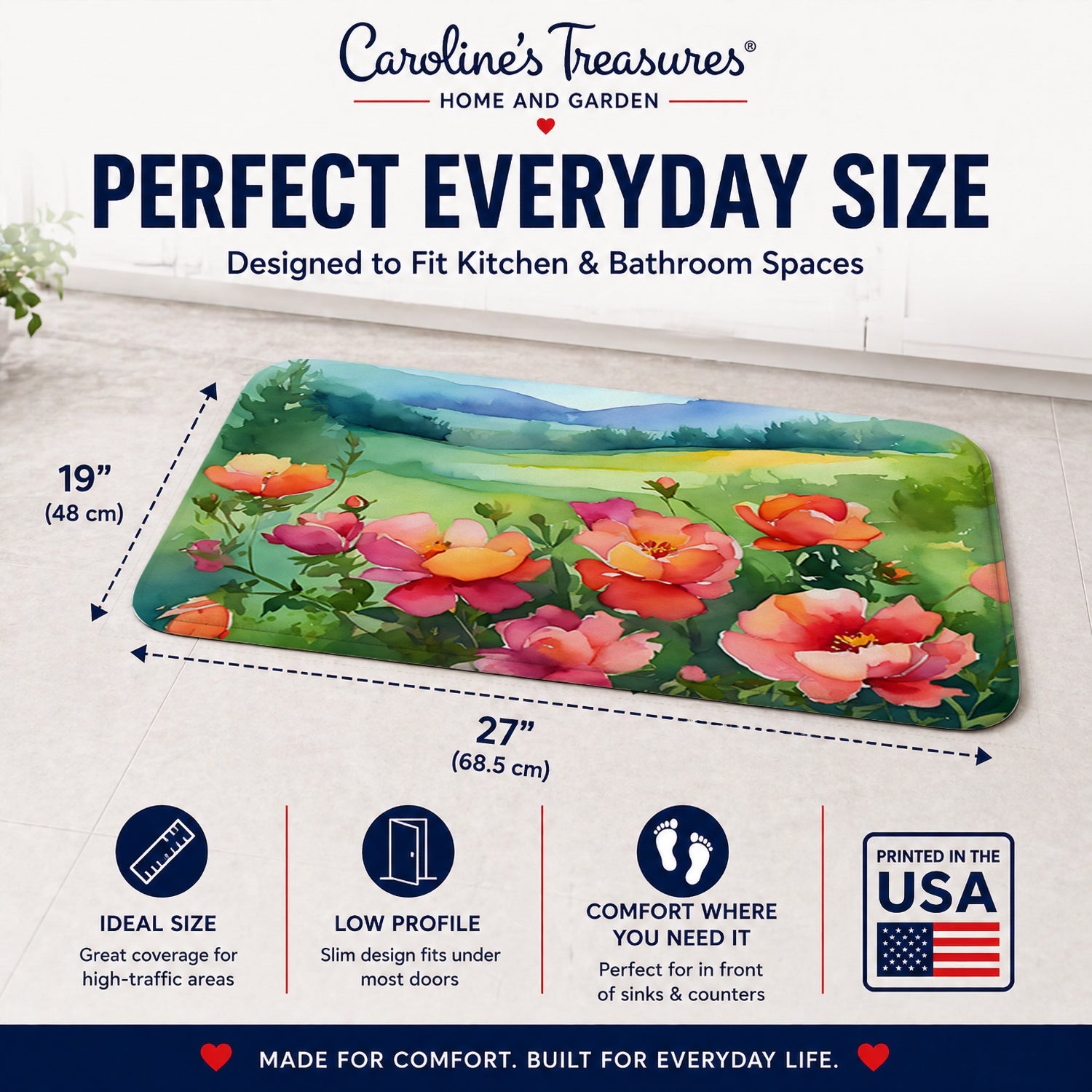 Iowa Wild Prairie Roses in Watercolor Memory Foam Kitchen Mat Machine Washable Anti-Fatigue Cushion Comfort Bath or Kitchen Rug