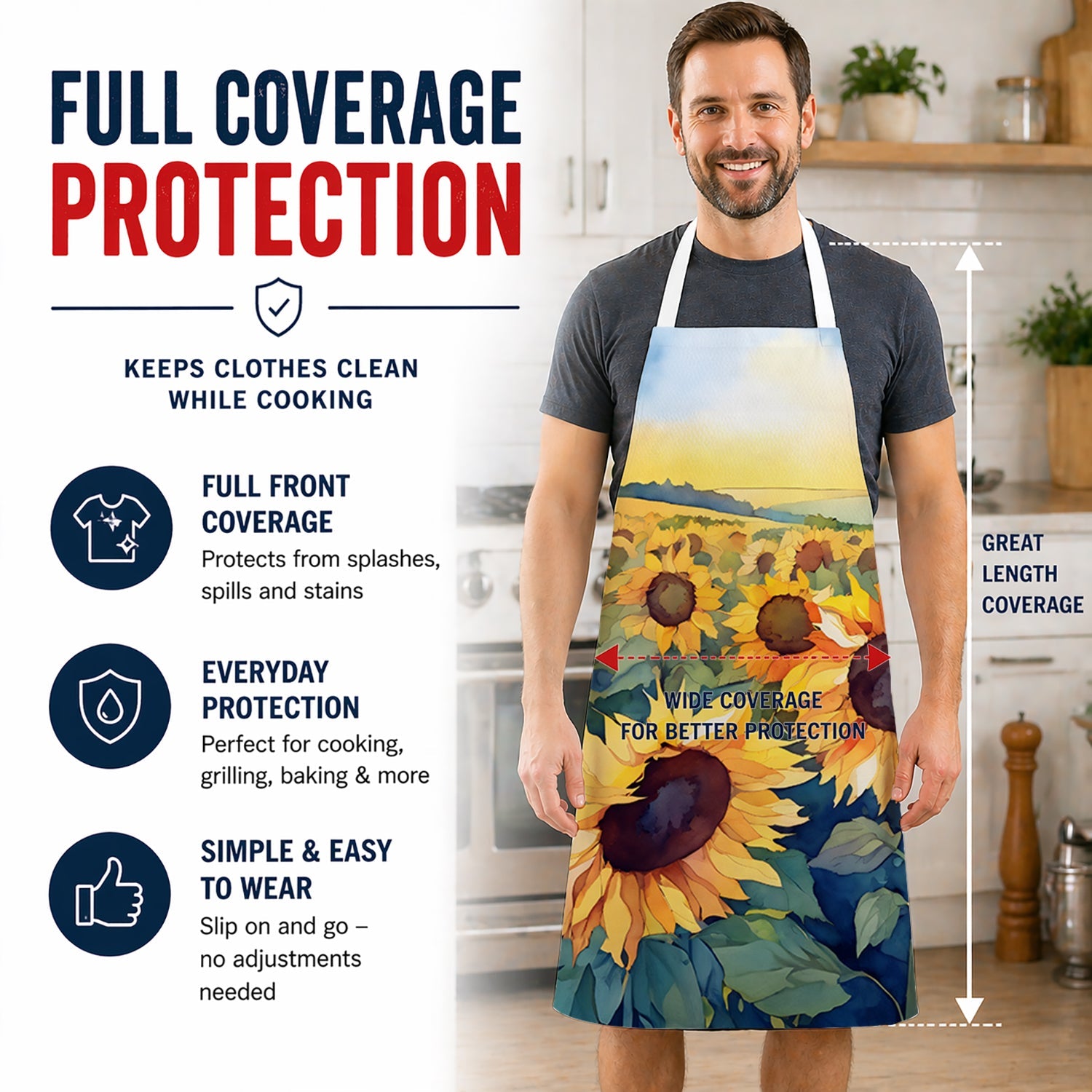 Kansas Sunflowers in Watercolor Apron Cooking Kitchen Server Baking Crafts Gardening for Adult Women Men, Unisex, Large, Multicolor