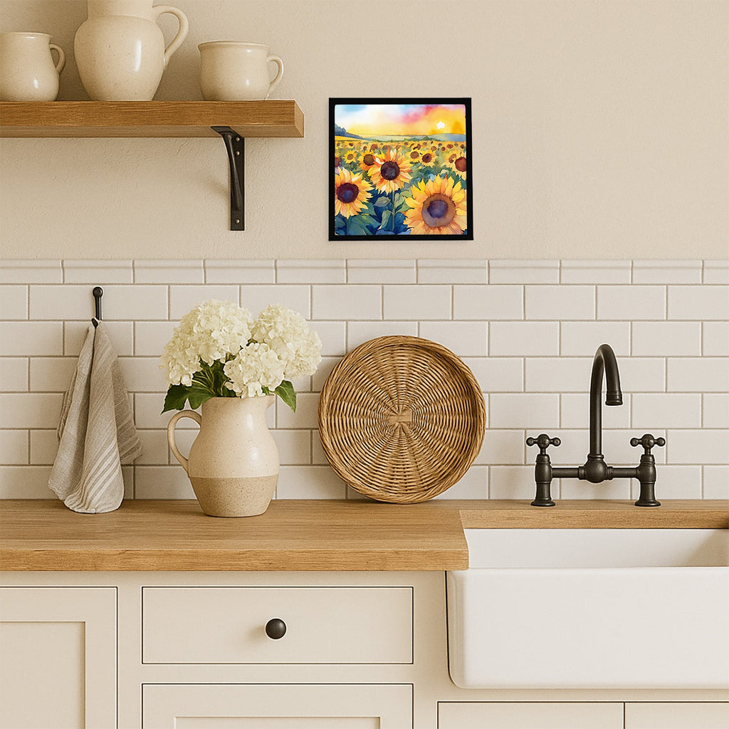 Kansas Sunflowers in Watercolor Framed Metal Print Bathroom, Kitchen, Office, Home Decor Wall Art Ready to Hang, Square, 8X8