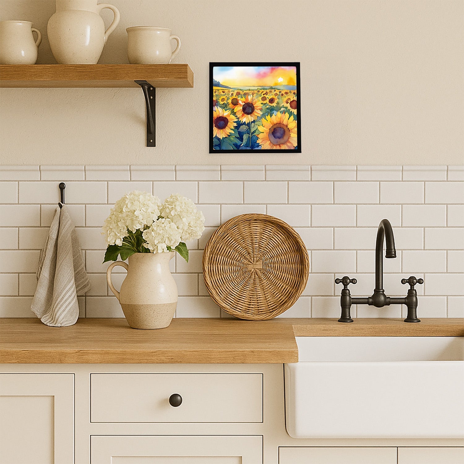 Kansas Sunflowers in Watercolor Framed Metal Print Bathroom, Kitchen, Office, Home Decor Wall Art Ready to Hang, Square, 8X8