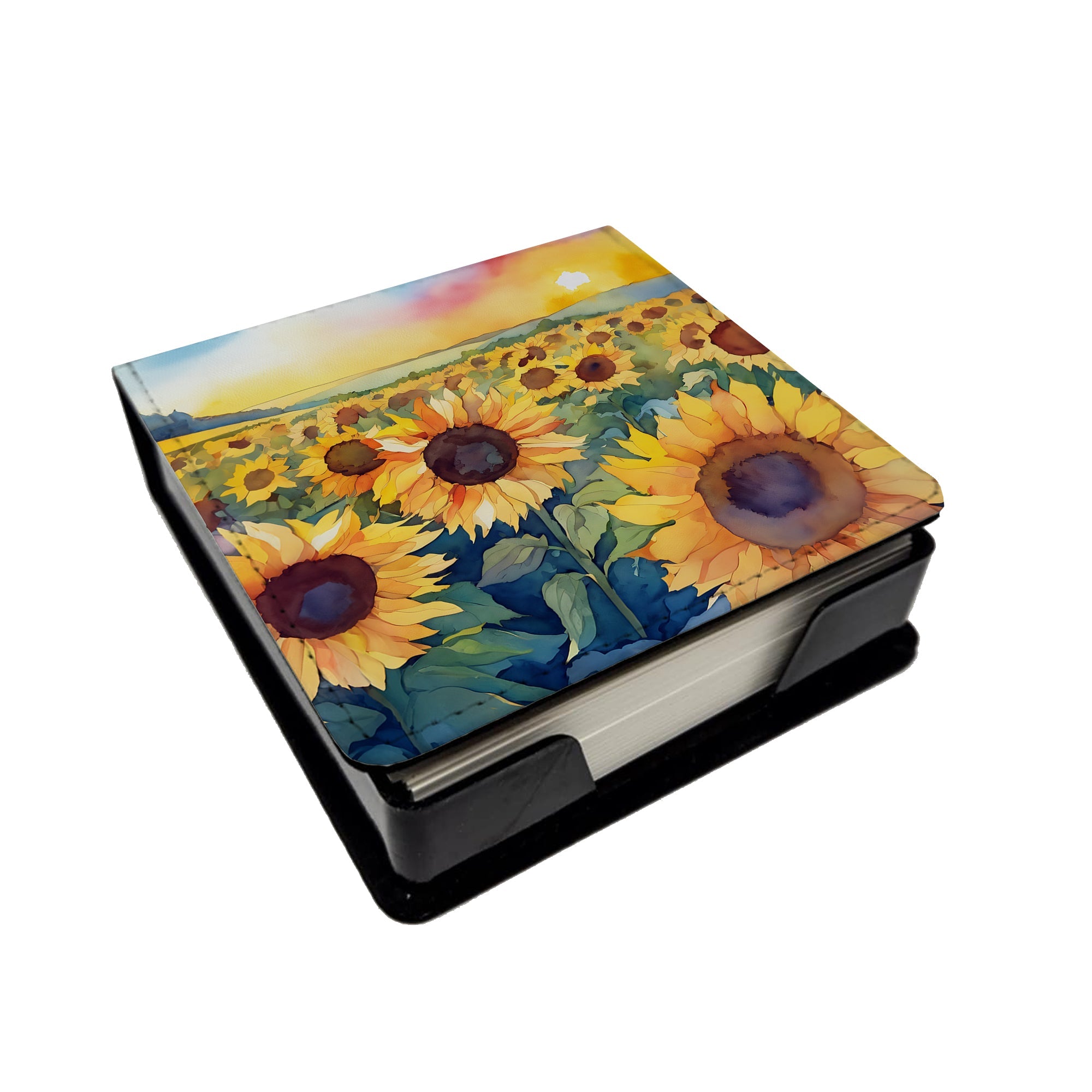 Kansas Sunflowers in Watercolor PU Leather Note Paper Holder with Artist-Designed Cover, Desk Accessory, Office Gift