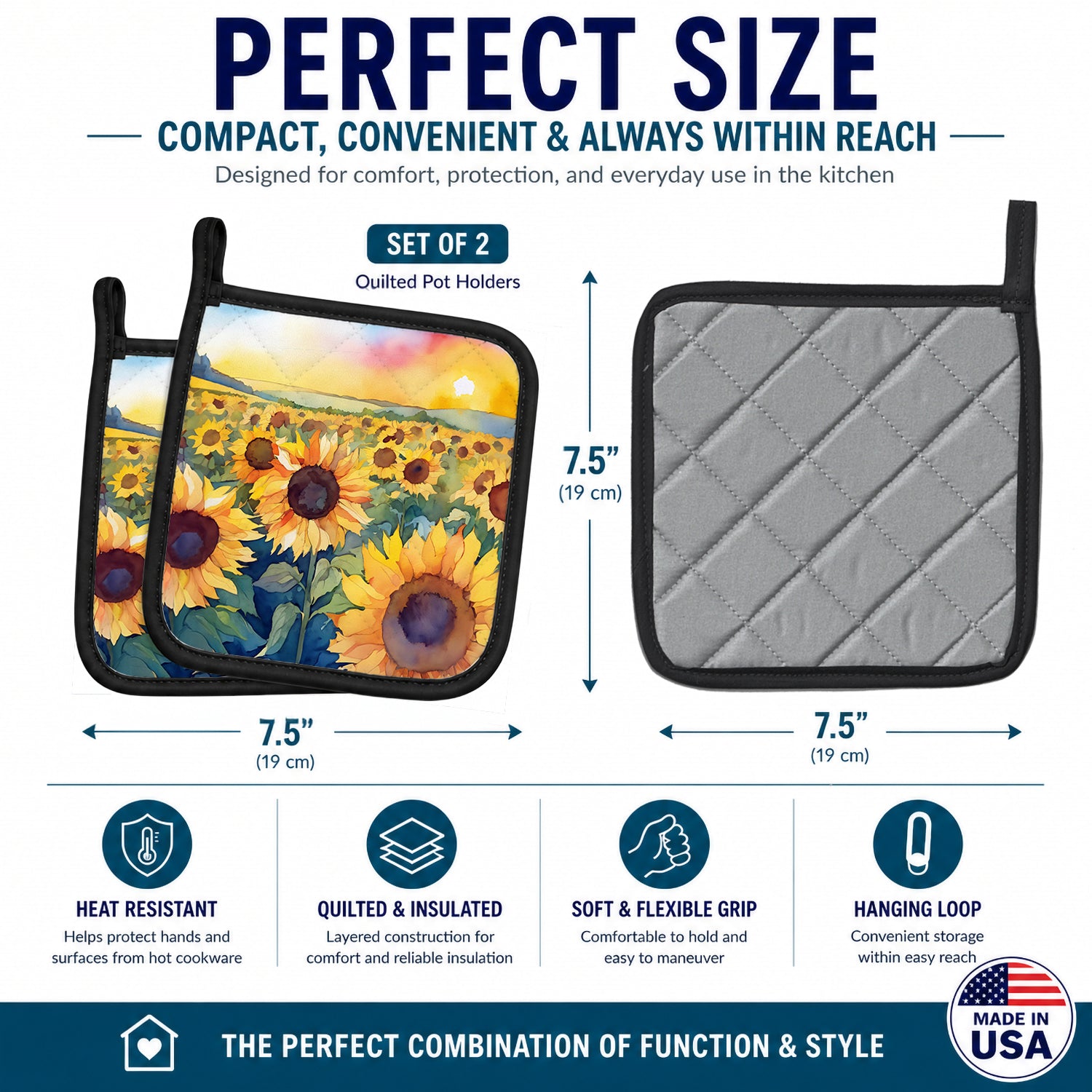Kansas Sunflowers in Watercolor Pot Holder Set of 2 Heat Resistant Quilted Hot Pads 7.5 x 7.5 Inch, Insulated Kitchen Trivets for Cooking & Baking