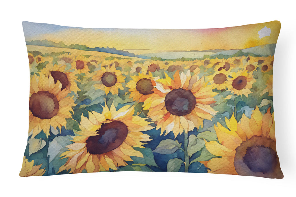 Kansas Sunflowers in Watercolor Decorative Throw Pillow 12x16 Indoor Outdoor Accent Cushion, Fabric Cover with Insert for Sofa, Bed, Porch & Living Room
