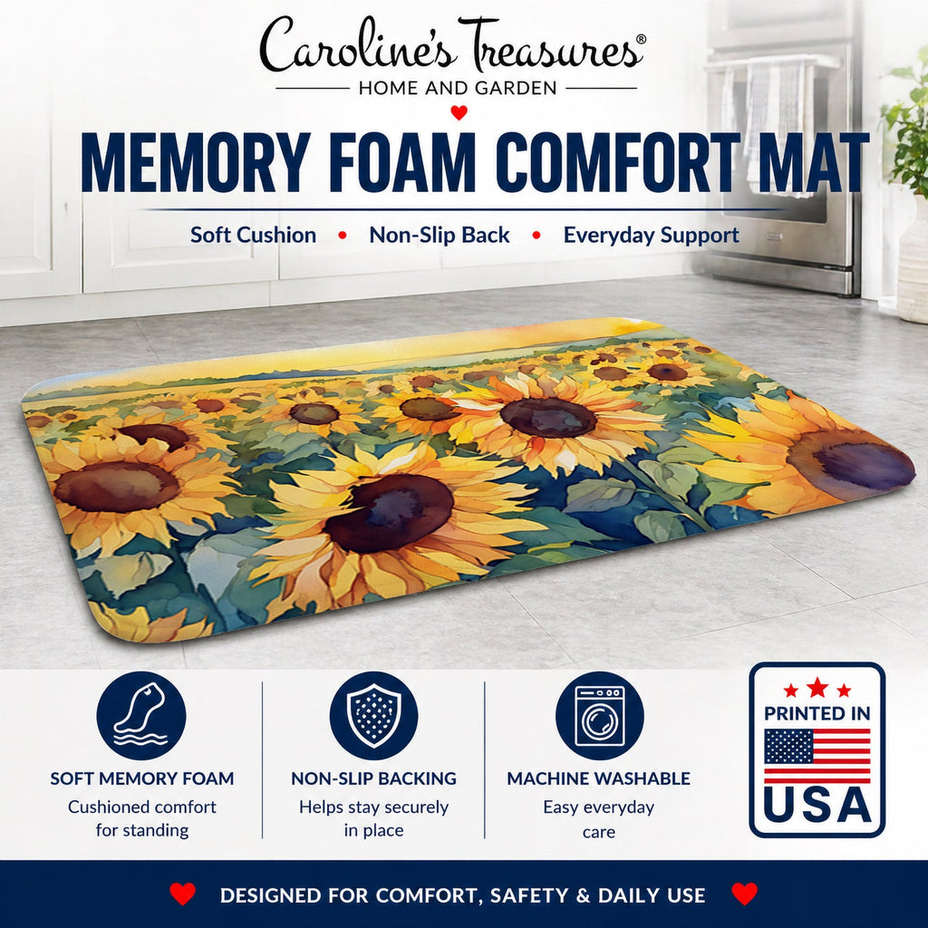 Kansas Sunflowers in Watercolor Memory Foam Kitchen Mat Machine Washable Anti-Fatigue Cushion Comfort Bath or Kitchen Rug