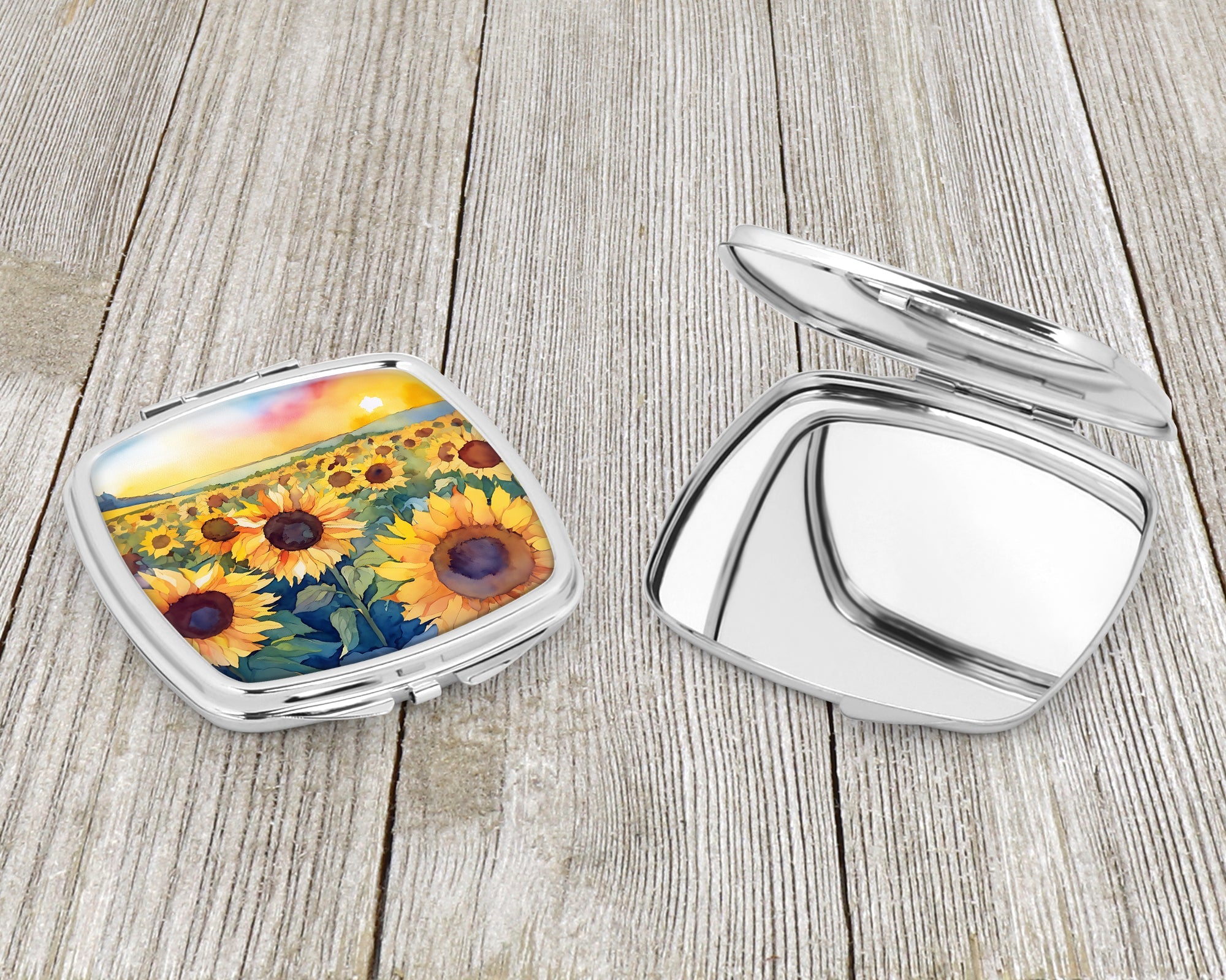 Kansas Sunflowers in Watercolor Compact Mirror Decorative Travel Makeup Mirror for Women Girls Gifts Pocket Makeup Mirror Folding Handheld