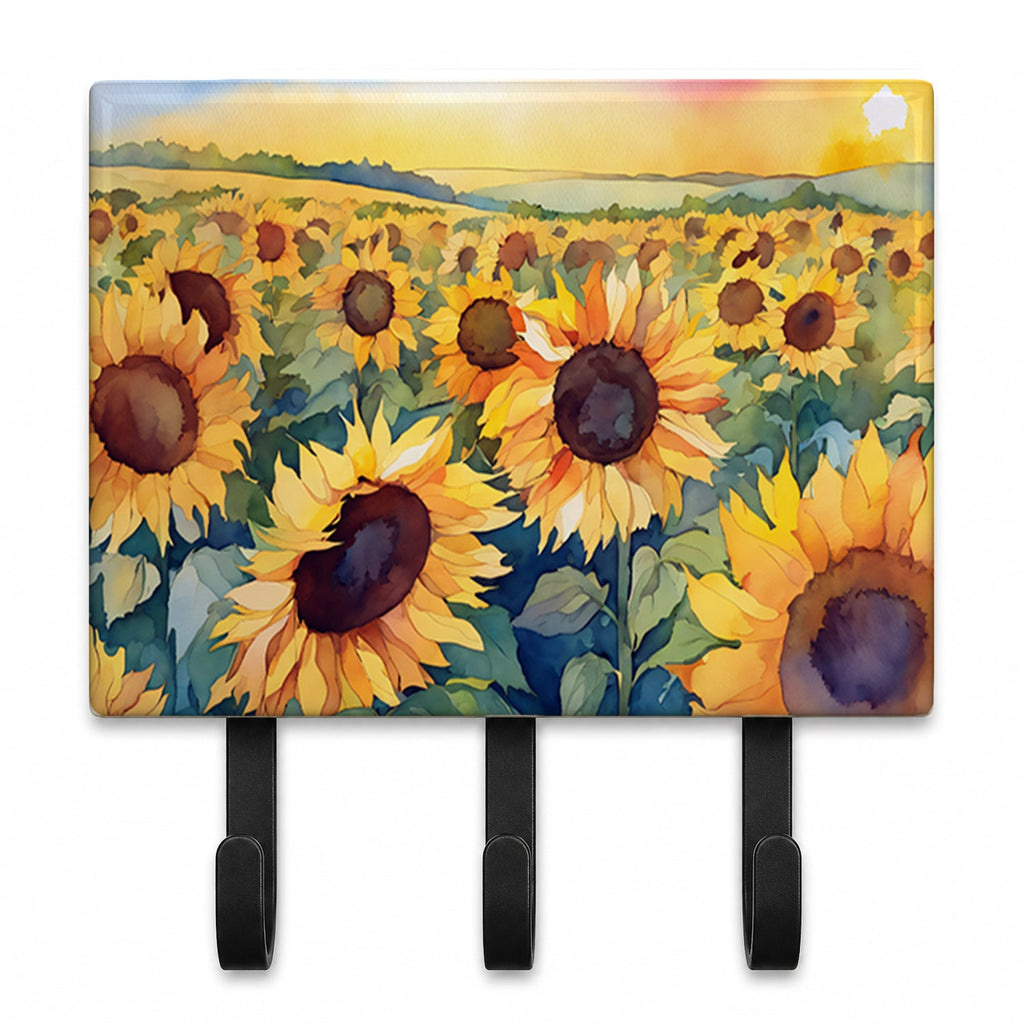 Kansas Sunflowers in Watercolor Leash or Key Holder Wall Hooks, Coat Rack Wall Mount, for Hanging Keys, Towels, Aprons, Leashes