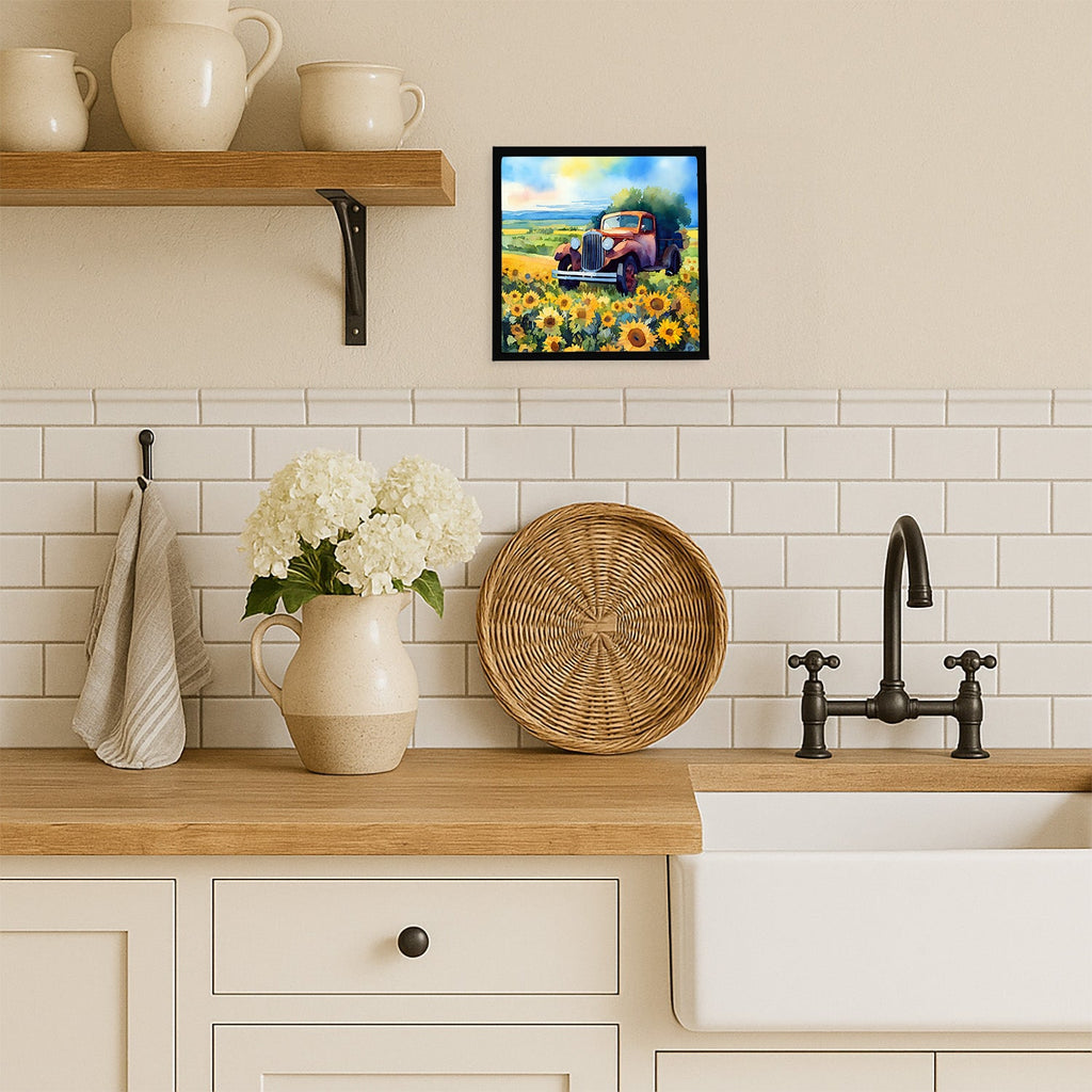 Kansas Sunflowers in Watercolor Framed Metal Print Bathroom, Kitchen, Office, Home Decor Wall Art Ready to Hang, Square, 8X8