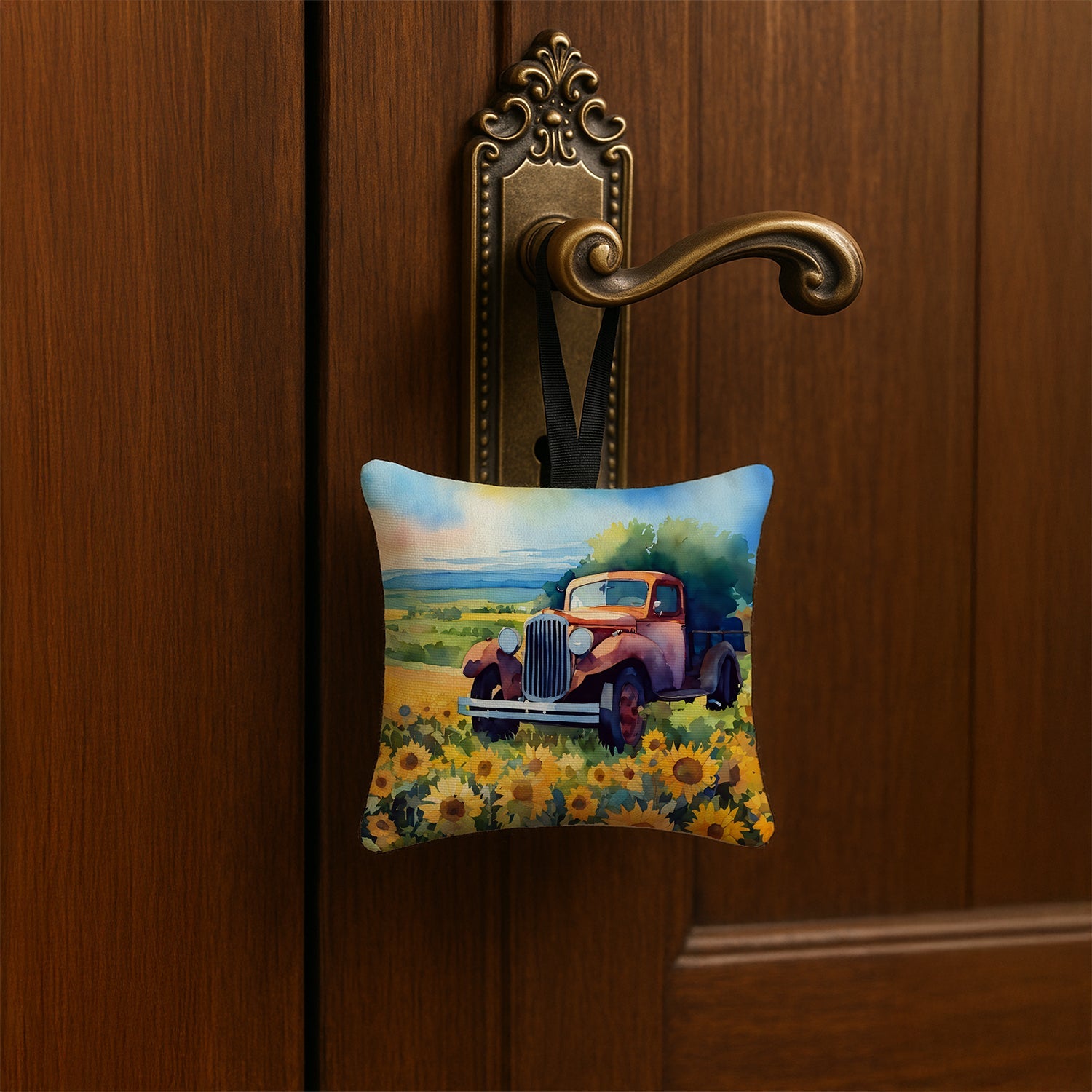 Kansas Sunflowers in Watercolor Hanging Square Fabric Ornament 3.5 × 3.5 Decorative Door-Knob & Tree Hanger, Soft Fabric