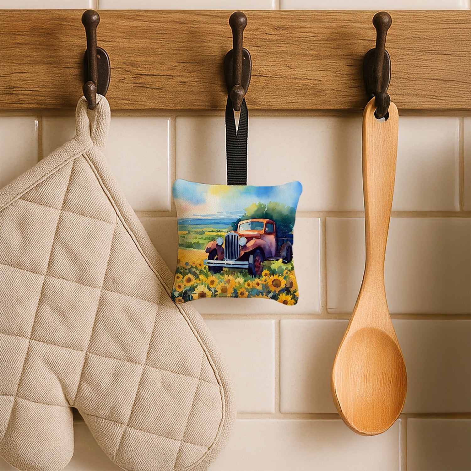 Kansas Sunflowers in Watercolor Hanging Square Fabric Ornament 3.5 × 3.5 Decorative Door-Knob & Tree Hanger, Soft Fabric