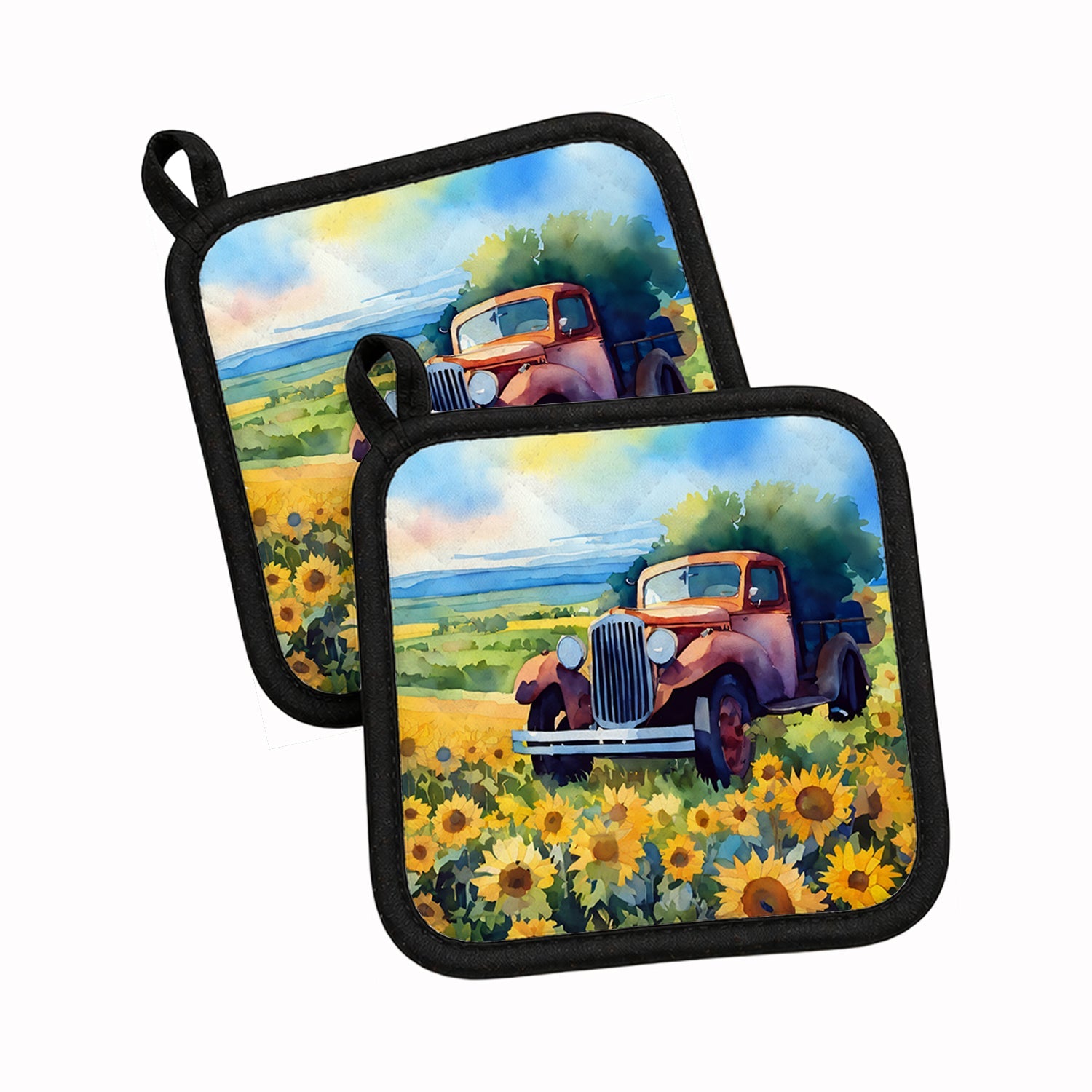 Kansas Sunflowers in Watercolor Pot Holder Set of 2 Heat Resistant Quilted Hot Pads 7.5 x 7.5 Inch, Insulated Kitchen Trivets for Cooking & Baking