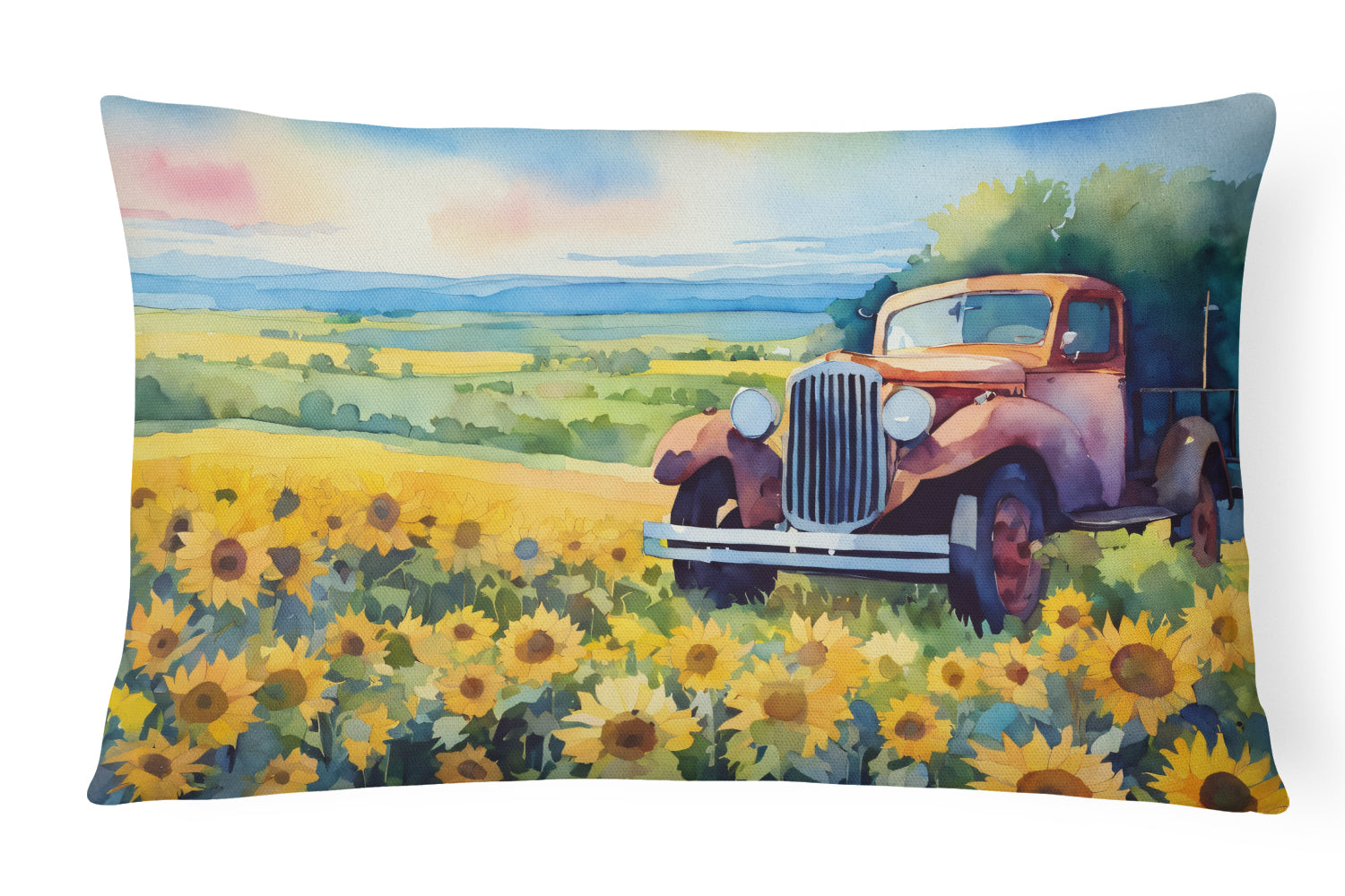 Kansas Sunflowers in Watercolor Decorative Throw Pillow 12x16 Indoor Outdoor Accent Cushion, Fabric Cover with Insert for Sofa, Bed, Porch & Living Room