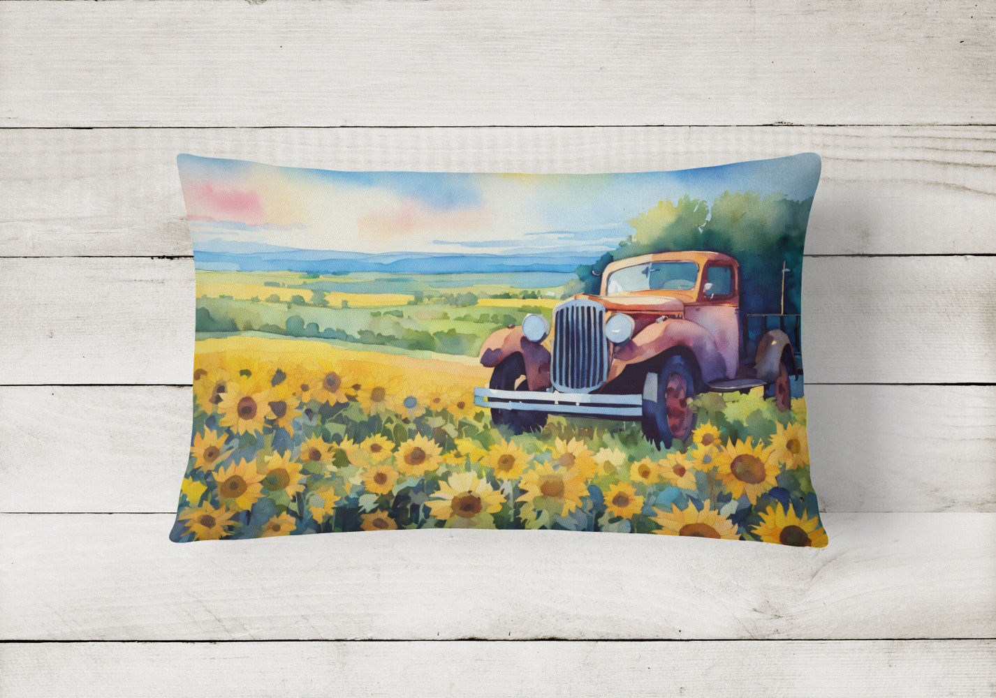 Kansas Sunflowers in Watercolor Decorative Throw Pillow 12x16 Indoor Outdoor Accent Cushion, Fabric Cover with Insert for Sofa, Bed, Porch & Living Room