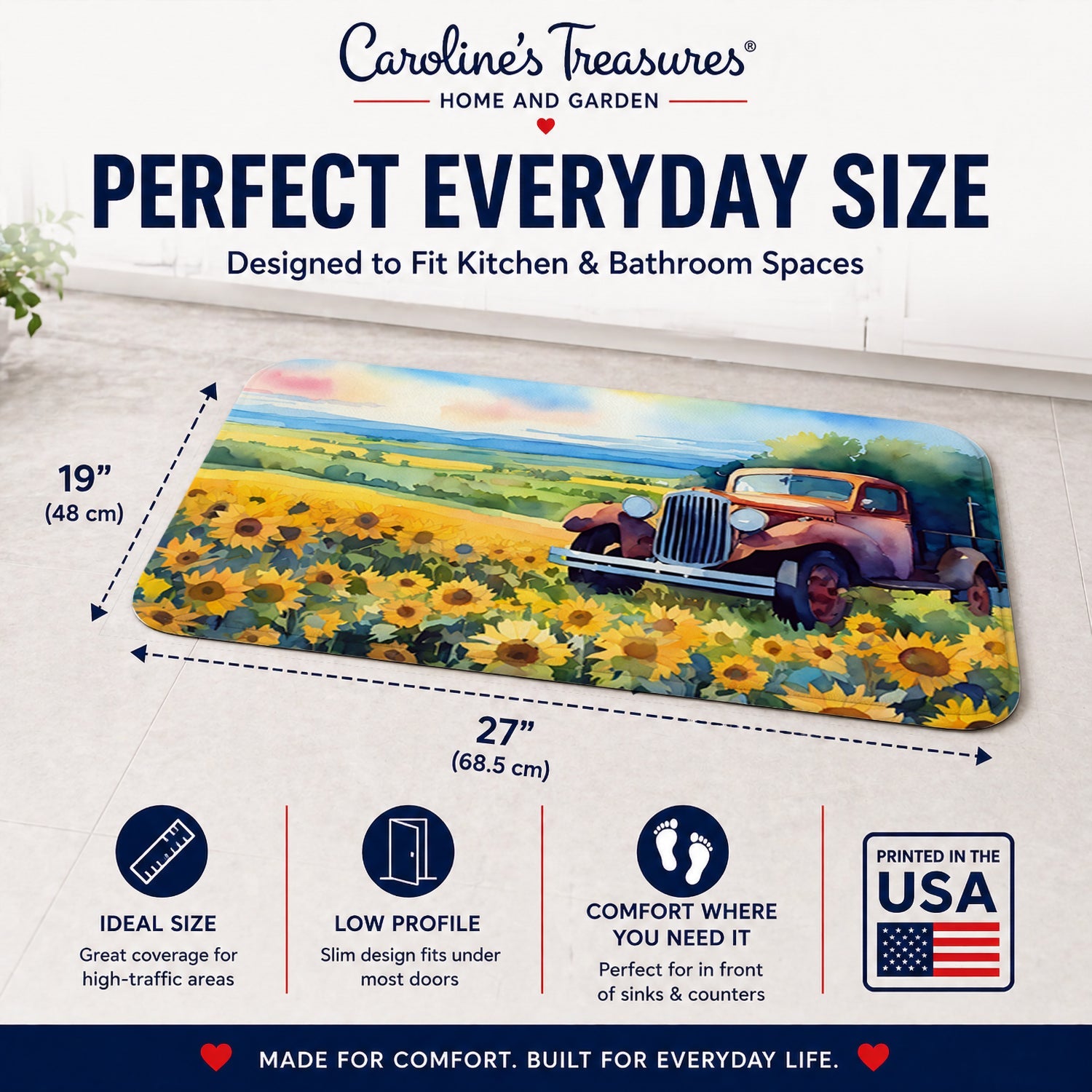 Kansas Sunflowers in Watercolor Memory Foam Kitchen Mat Machine Washable Anti-Fatigue Cushion Comfort Bath or Kitchen Rug