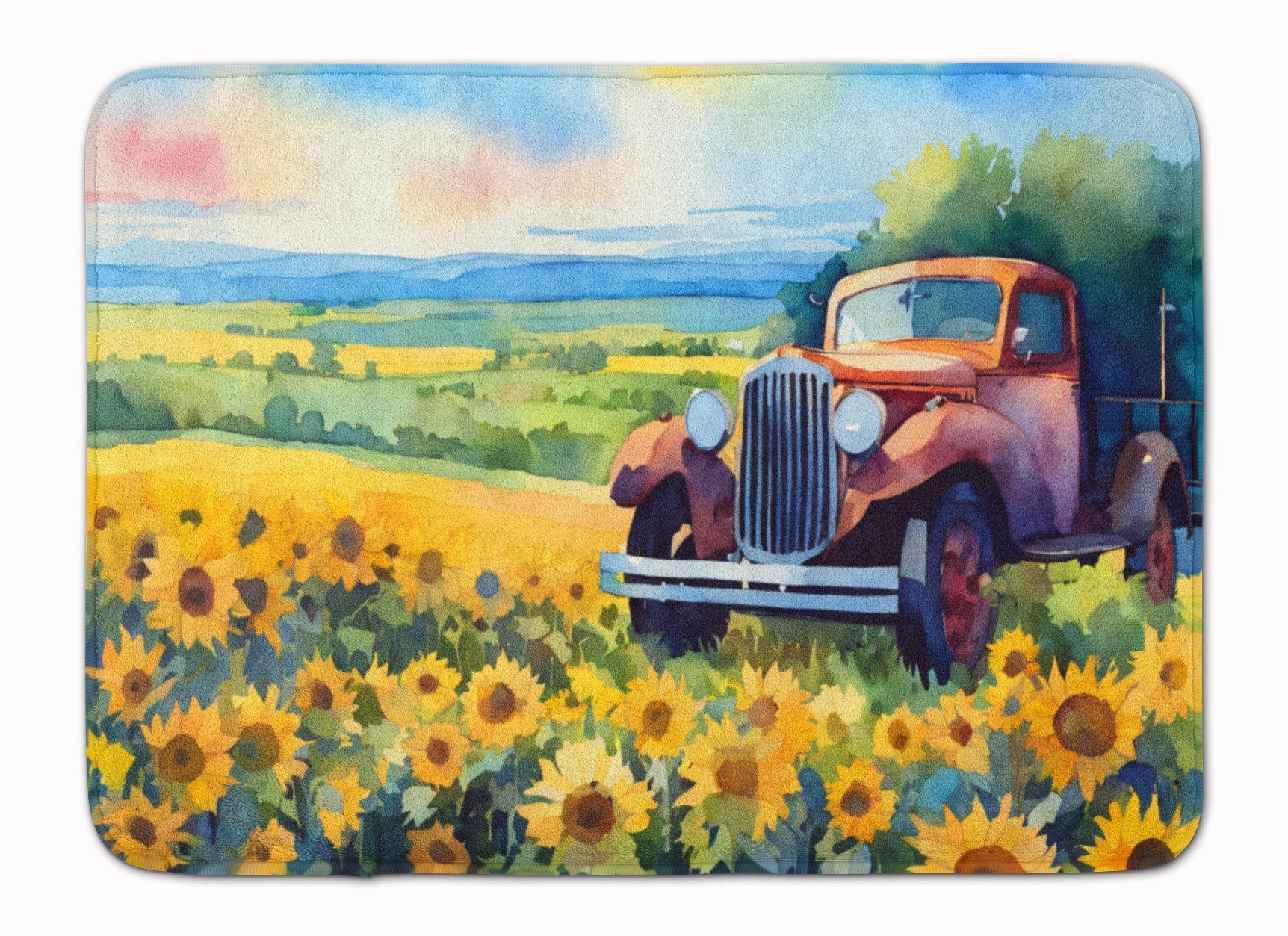 Kansas Sunflowers in Watercolor Memory Foam Kitchen Mat Machine Washable Anti-Fatigue Cushion Comfort Bath or Kitchen Rug