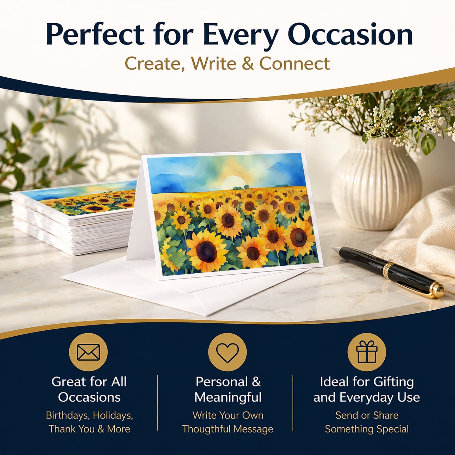 Kansas Sunflowers in Watercolor Greeting Cards Pack of 8 Blank Cards with Envelopes Whimsical A7 Size 5x7