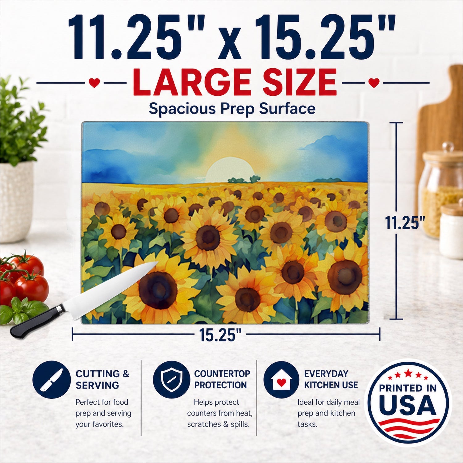 Kansas Sunflowers in Watercolor Cutting Board Tempered Glass Kitchen Cutting Surface, Heat Resistant Chopping, Non-Slip Feet, Food Prep & Serving