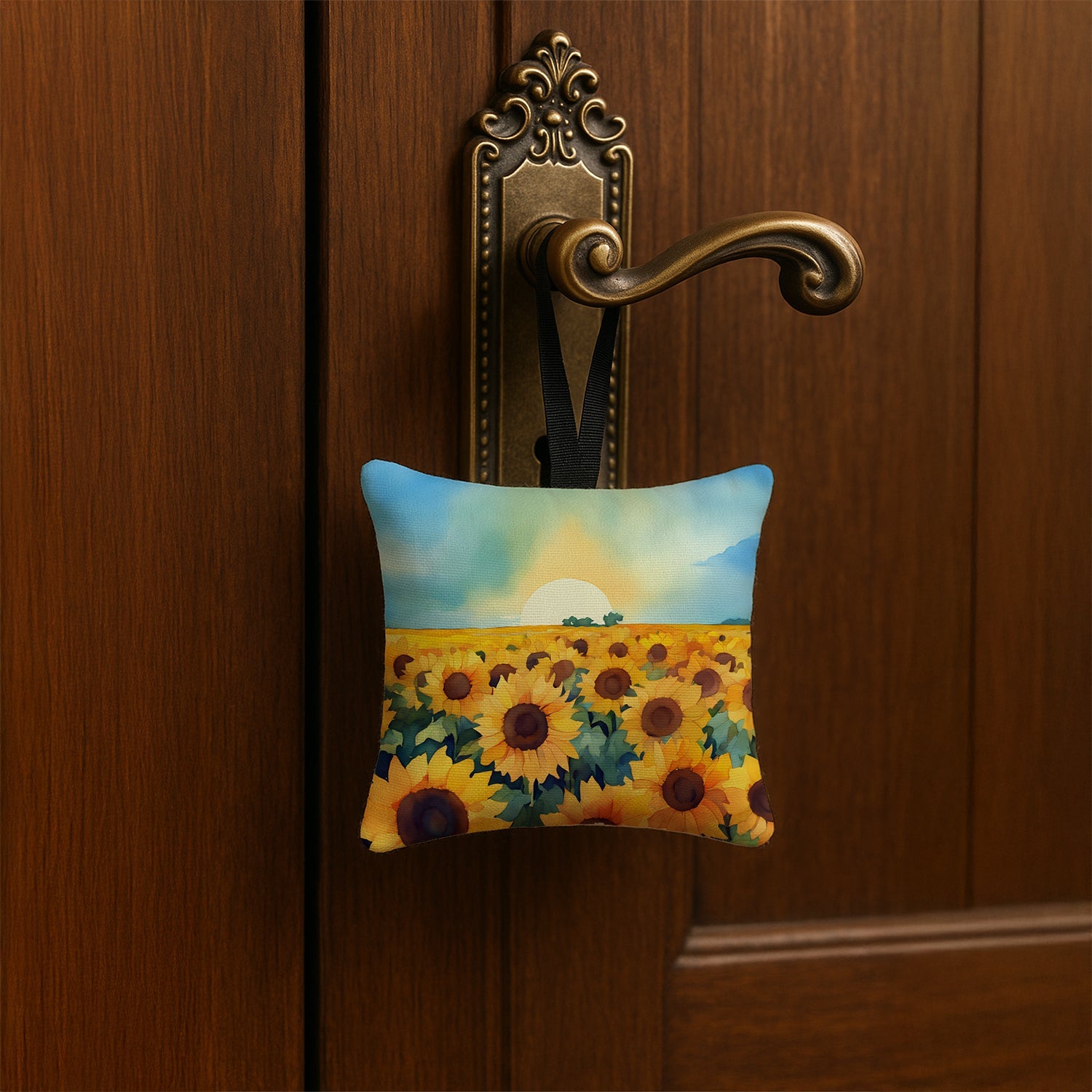 Kansas Sunflowers in Watercolor Hanging Square Fabric Ornament 3.5 × 3.5 Decorative Door-Knob & Tree Hanger, Soft Fabric