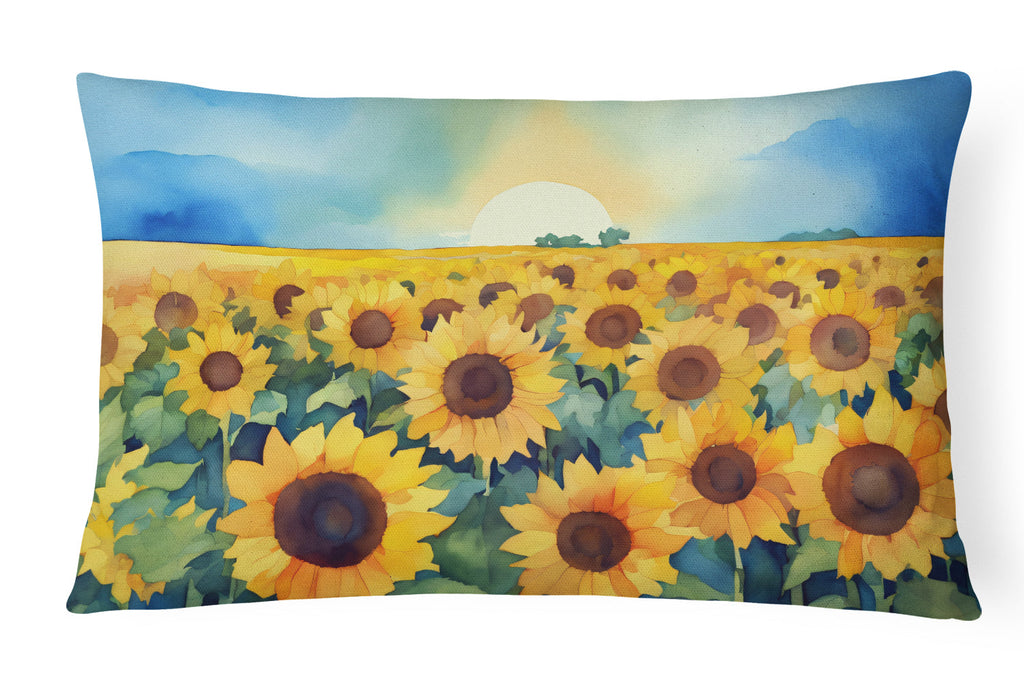 Kansas Sunflowers in Watercolor Decorative Throw Pillow 12x16 Indoor Outdoor Accent Cushion, Fabric Cover with Insert for Sofa, Bed, Porch & Living Room