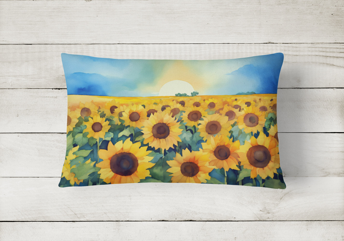 Kansas Sunflowers in Watercolor Decorative Throw Pillow 12x16 Indoor Outdoor Accent Cushion, Fabric Cover with Insert for Sofa, Bed, Porch & Living Room