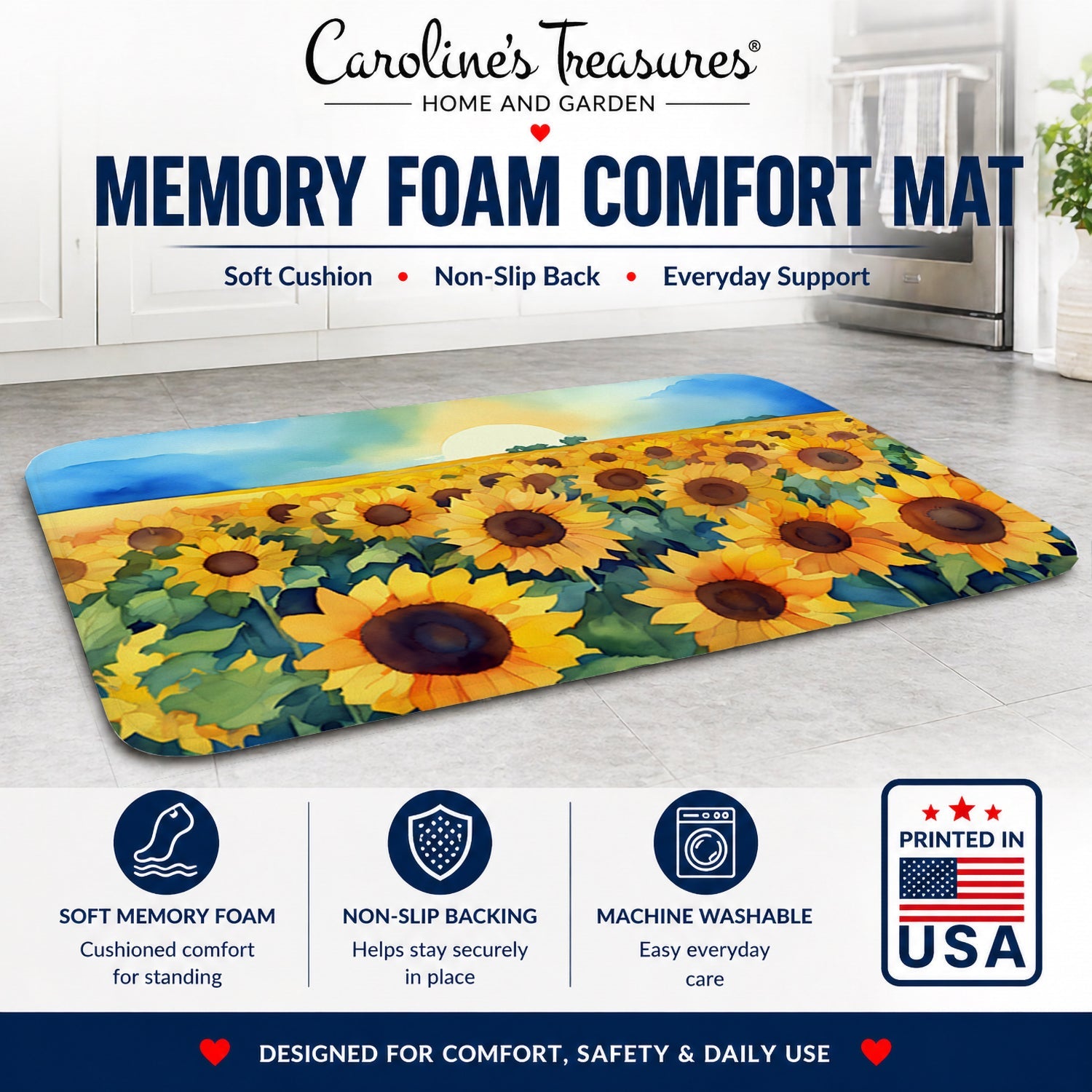 Kansas Sunflowers in Watercolor Memory Foam Kitchen Mat Machine Washable Anti-Fatigue Cushion Comfort Bath or Kitchen Rug