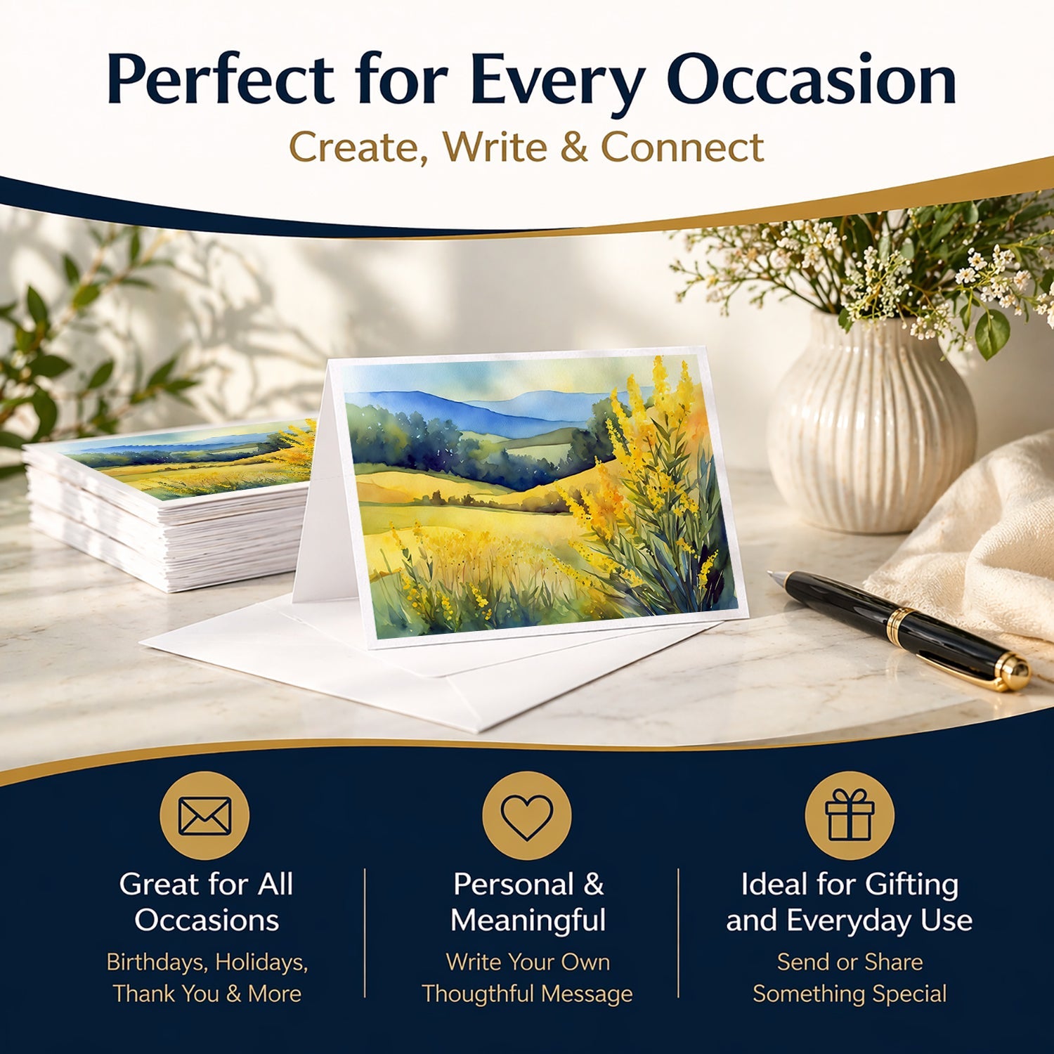 Kentucky Goldenrod in Watercolor Greeting Cards Pack of 8 Blank Cards with Envelopes Whimsical A7 Size 5x7