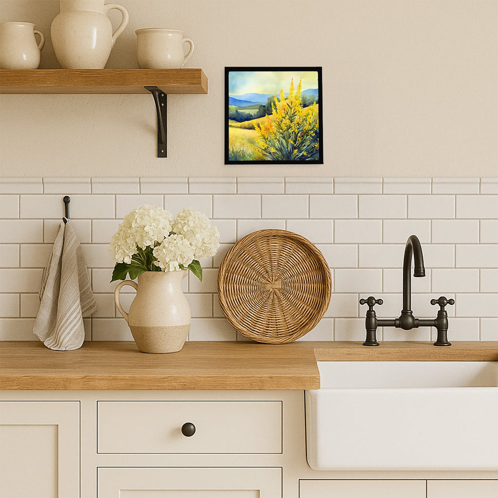 Kentucky Goldenrod in Watercolor Framed Metal Print Bathroom, Kitchen, Office, Home Decor Wall Art Ready to Hang, Square, 8X8