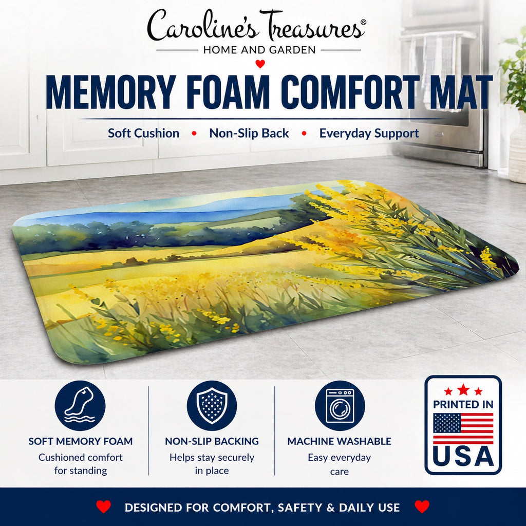 Kentucky Goldenrod in Watercolor Memory Foam Kitchen Mat Machine Washable Anti-Fatigue Cushion Comfort Bath or Kitchen Rug
