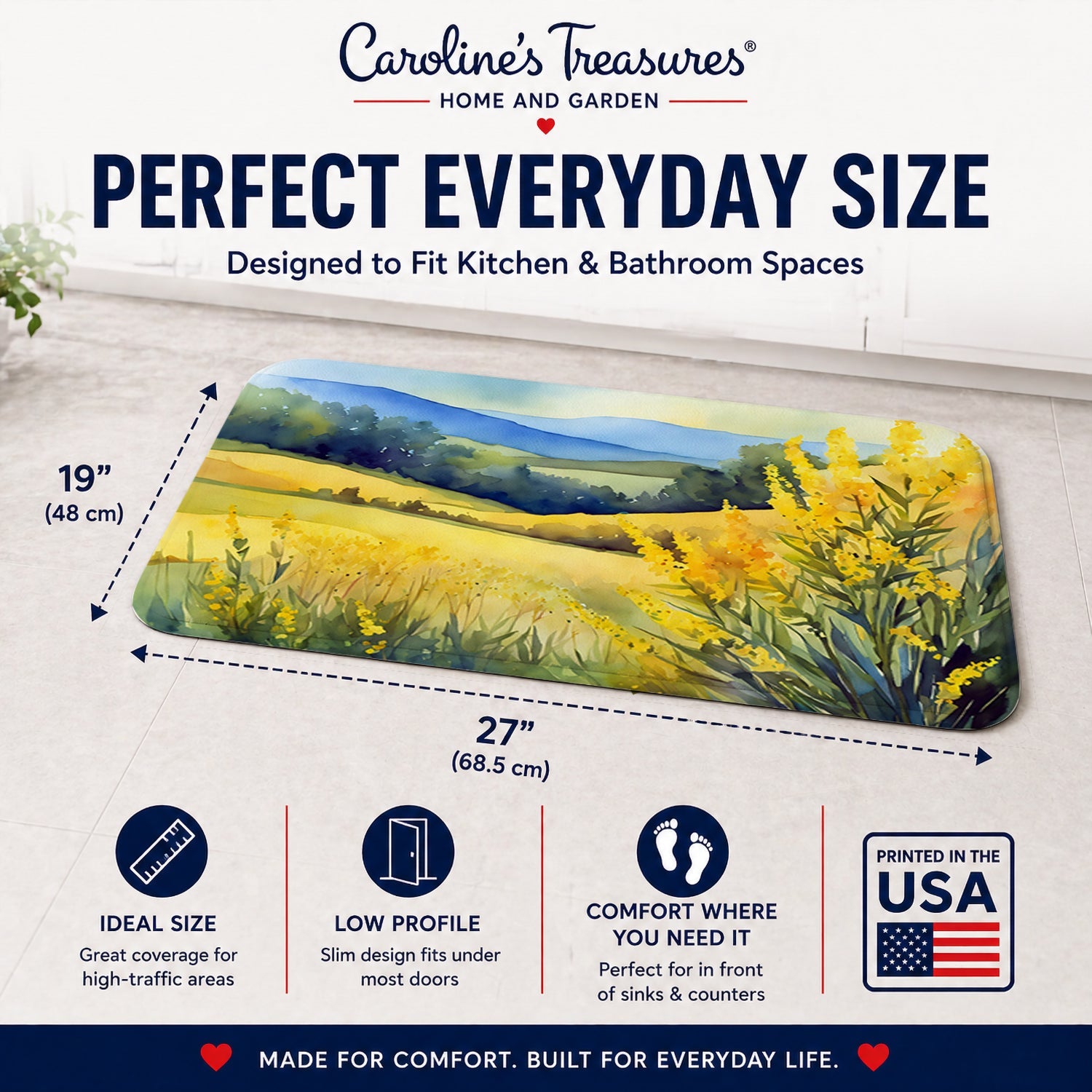 Kentucky Goldenrod in Watercolor Memory Foam Kitchen Mat Machine Washable Anti-Fatigue Cushion Comfort Bath or Kitchen Rug