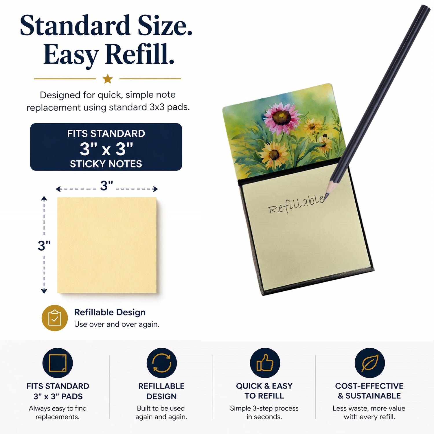 Kentucky Goldenrod in Watercolor Watercolor Sticky Note Holder Refillable Dispenser Desk Accessory 3x3 Pad Gift