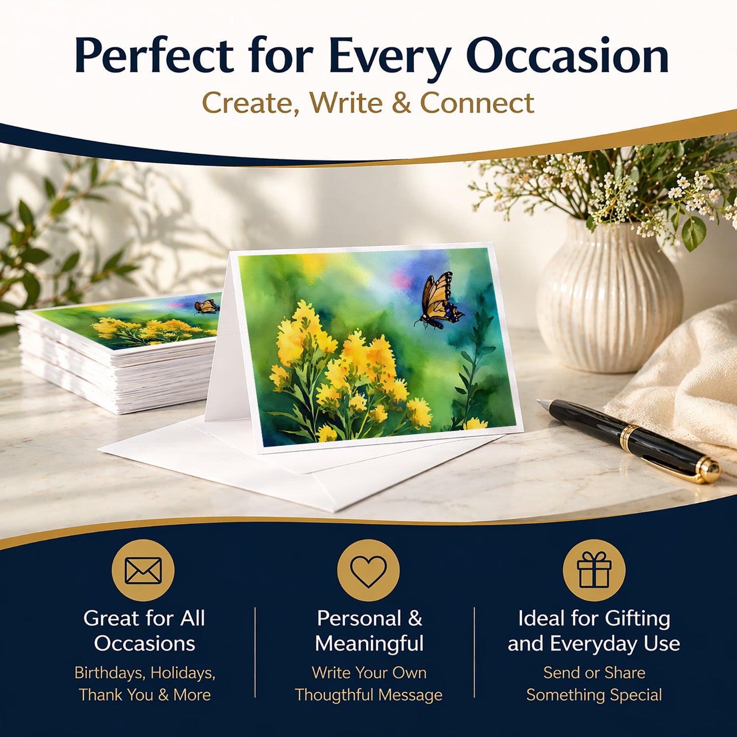 Kentucky Goldenrod in Watercolor Greeting Cards Pack of 8 Blank Cards with Envelopes Whimsical A7 Size 5x7