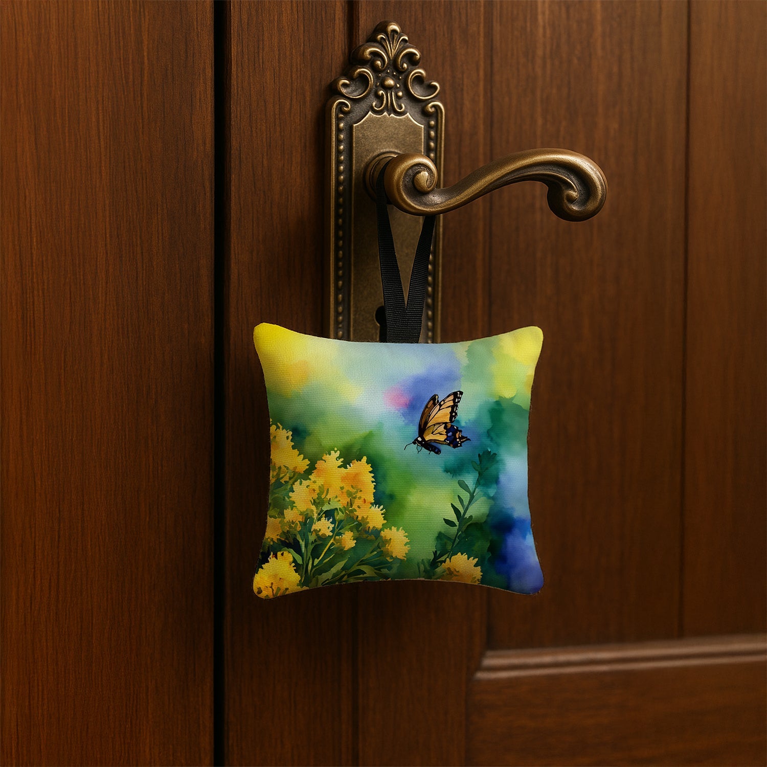 Kentucky Goldenrod in Watercolor Hanging Square Fabric Ornament 3.5 × 3.5 Decorative Door-Knob & Tree Hanger, Soft Fabric