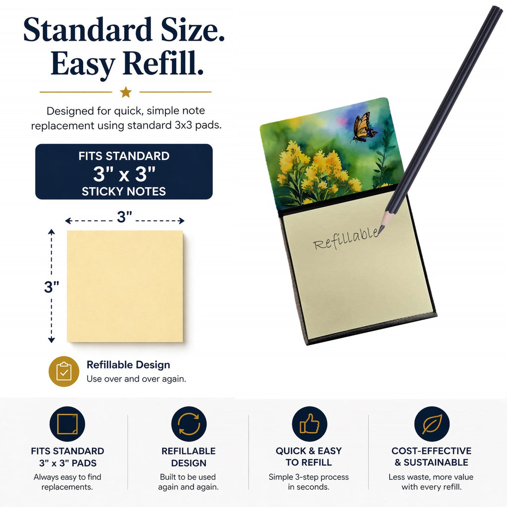 Kentucky Goldenrod in Watercolor Watercolor Sticky Note Holder Refillable Dispenser Desk Accessory 3x3 Pad Gift