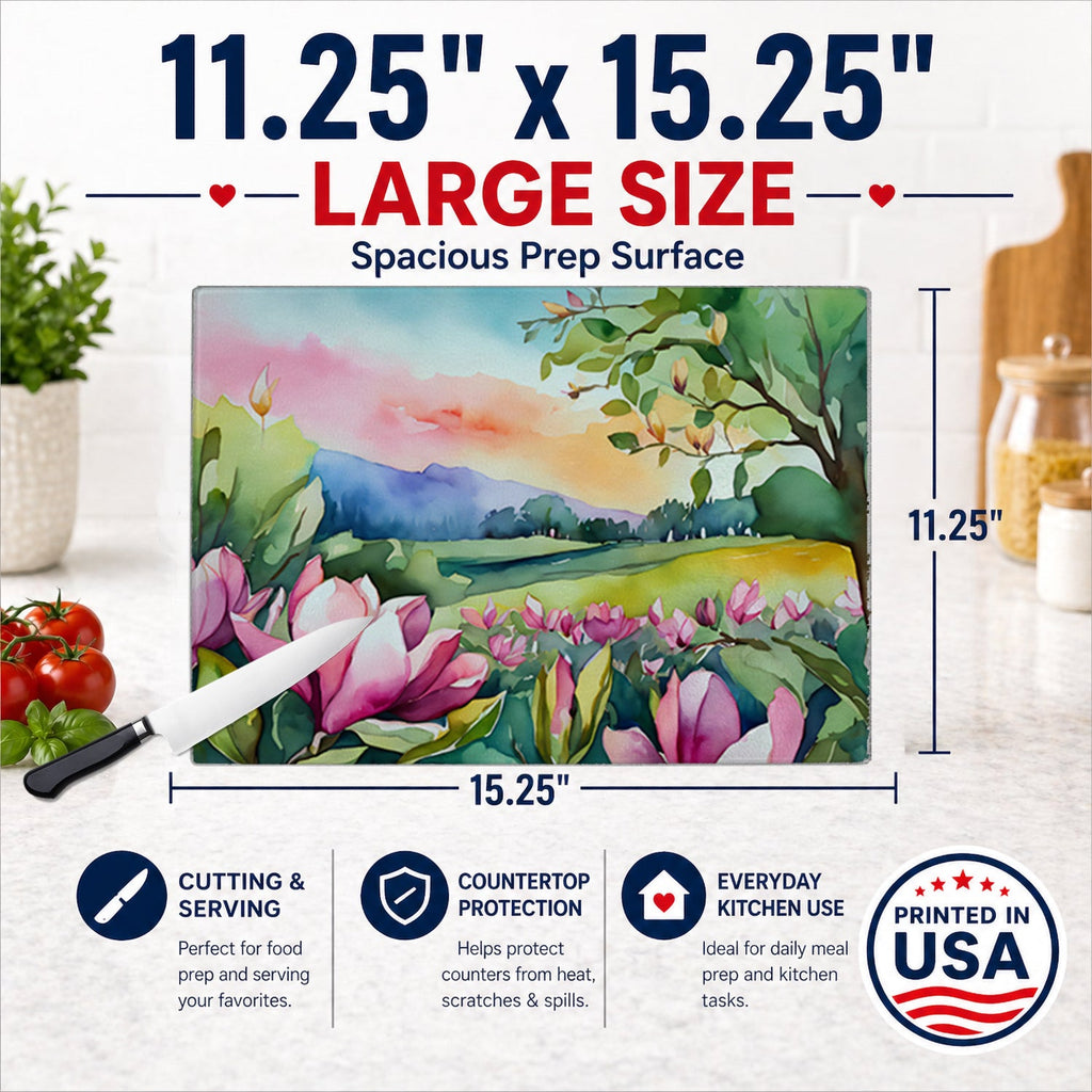 Louisiana Magnolias in Watercolor Cutting Board Tempered Glass Kitchen Cutting Surface, Heat Resistant Chopping, Non-Slip Feet, Food Prep & Serving