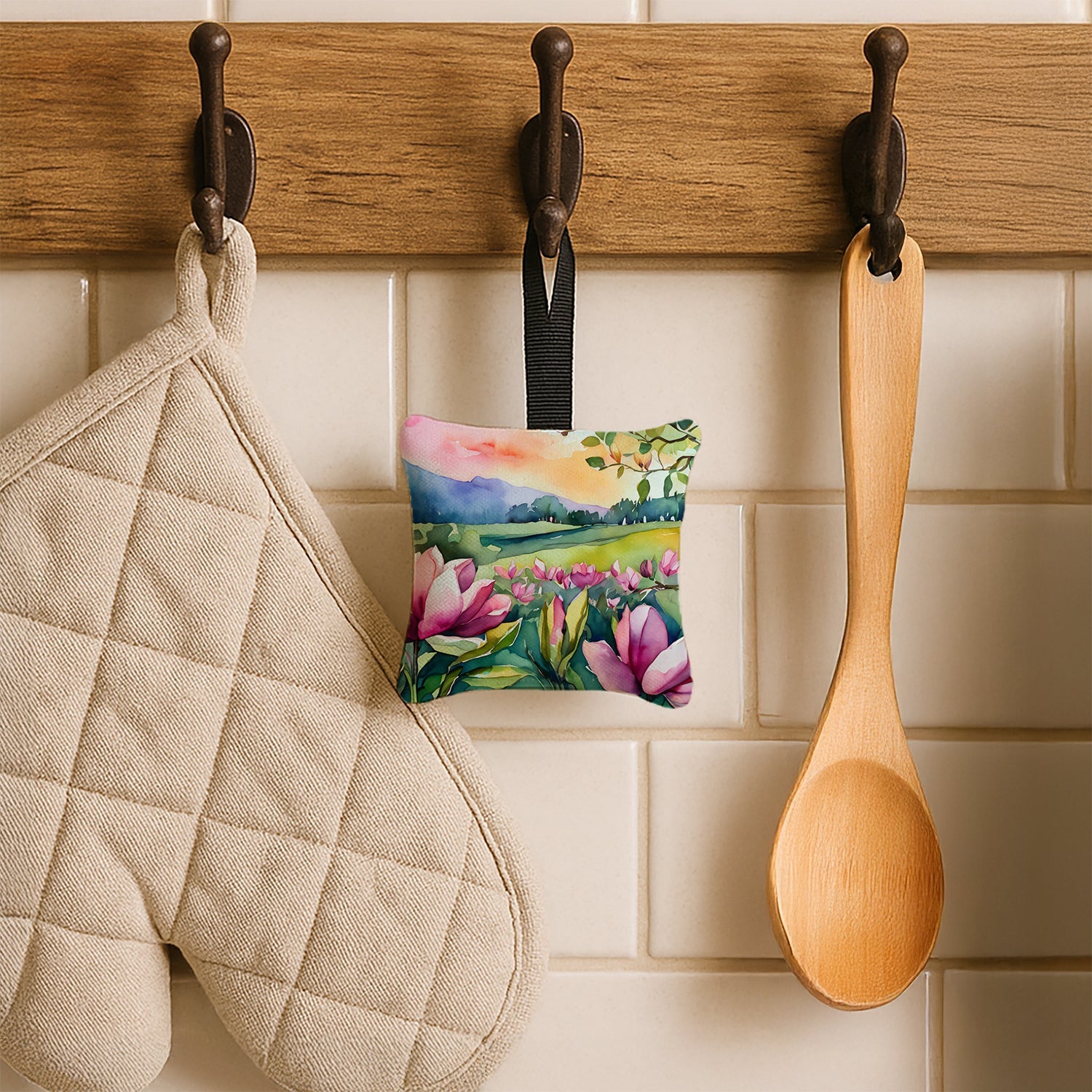 Louisiana Magnolias in Watercolor Hanging Square Fabric Ornament 3.5 × 3.5 Decorative Door-Knob & Tree Hanger, Soft Fabric