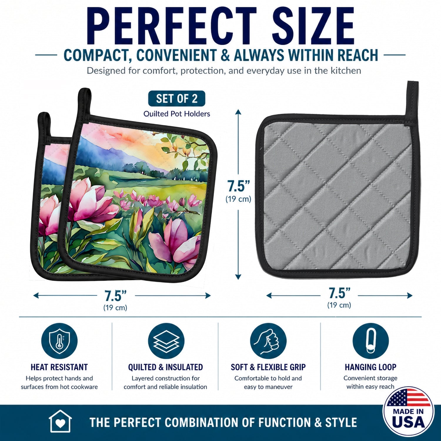 Louisiana Magnolias in Watercolor Pot Holder Set of 2 Heat Resistant Quilted Hot Pads 7.5 x 7.5 Inch, Insulated Kitchen Trivets for Cooking & Baking