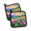 Louisiana Magnolias in Watercolor Pot Holder Set of 2 Heat Resistant Quilted Hot Pads 7.5 x 7.5 Inch, Insulated Kitchen Trivets for Cooking & Baking