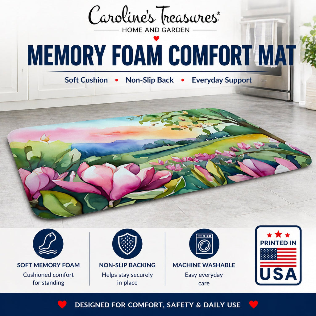 Louisiana Magnolias in Watercolor Memory Foam Kitchen Mat Machine Washable Anti-Fatigue Cushion Comfort Bath or Kitchen Rug