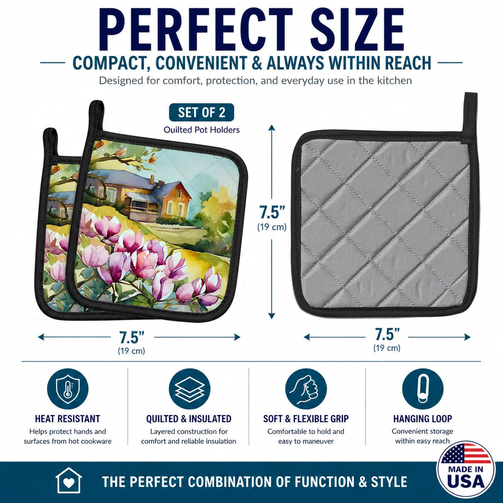 Louisiana Magnolias in Watercolor Pot Holder Set of 2 Heat Resistant Quilted Hot Pads 7.5 x 7.5 Inch, Insulated Kitchen Trivets for Cooking & Baking