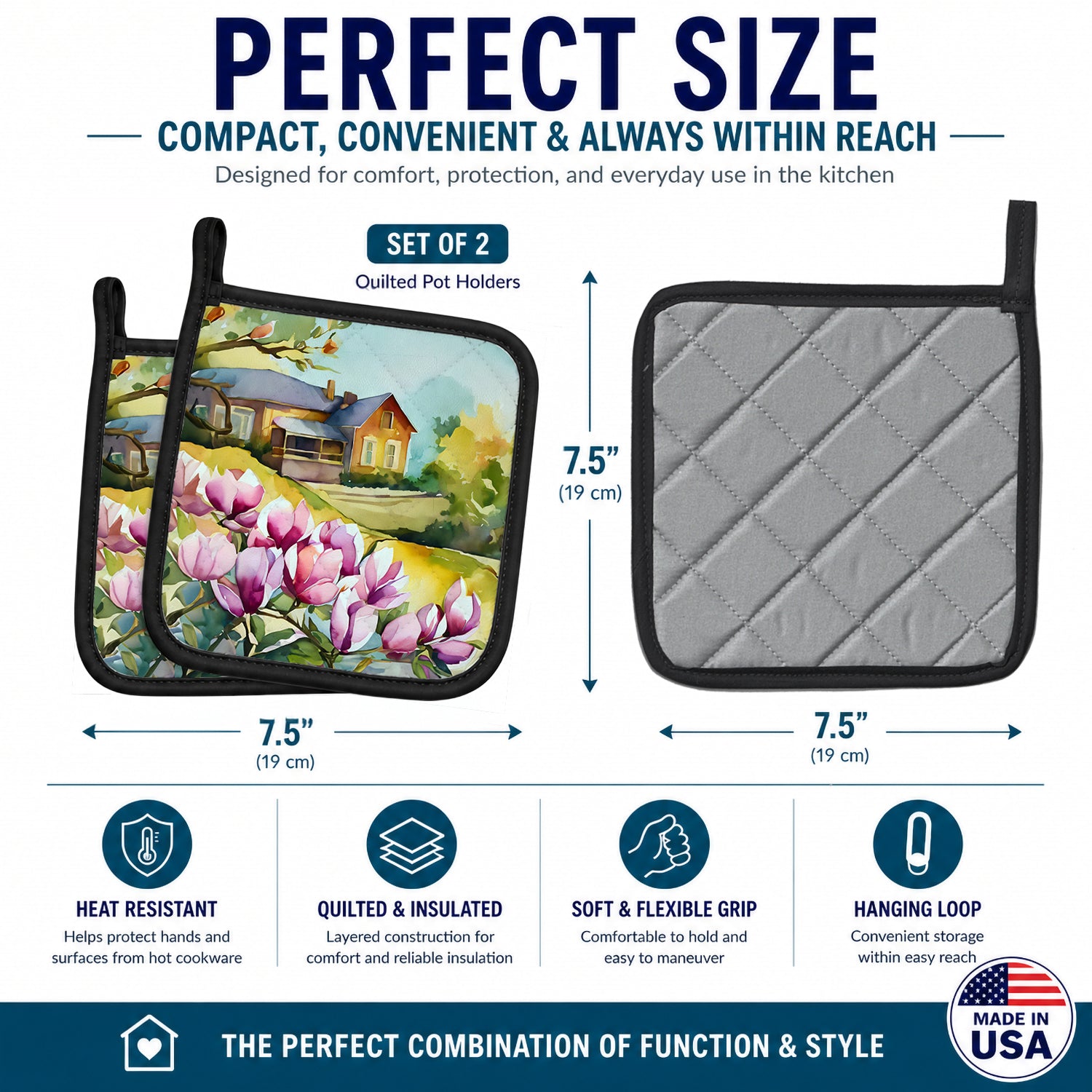 Louisiana Magnolias in Watercolor Pot Holder Set of 2 Heat Resistant Quilted Hot Pads 7.5 x 7.5 Inch, Insulated Kitchen Trivets for Cooking & Baking