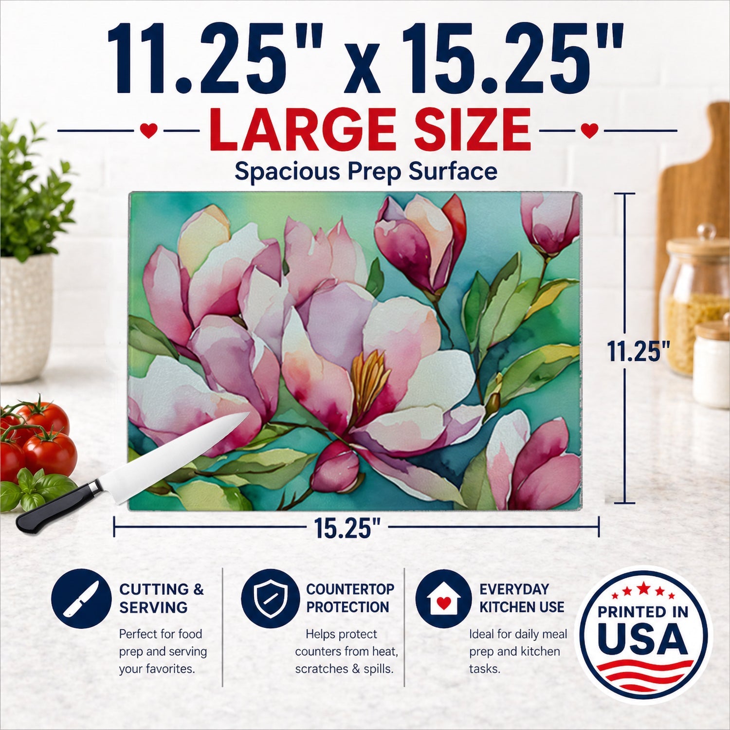 Louisiana Magnolias in Watercolor Cutting Board Tempered Glass Kitchen Cutting Surface, Heat Resistant Chopping, Non-Slip Feet, Food Prep & Serving