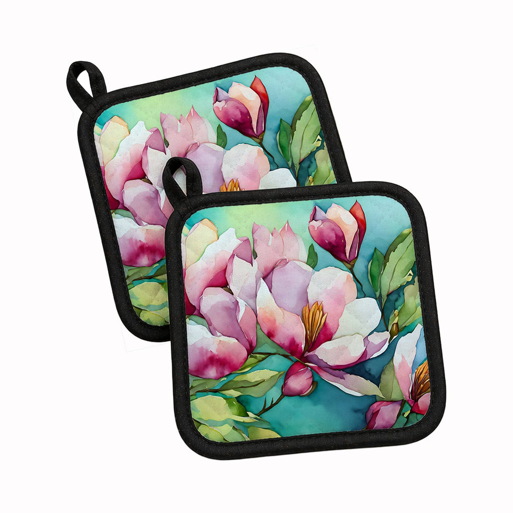 Louisiana Magnolias in Watercolor Pot Holder Set of 2 Heat Resistant Quilted Hot Pads 7.5 x 7.5 Inch, Insulated Kitchen Trivets for Cooking & Baking