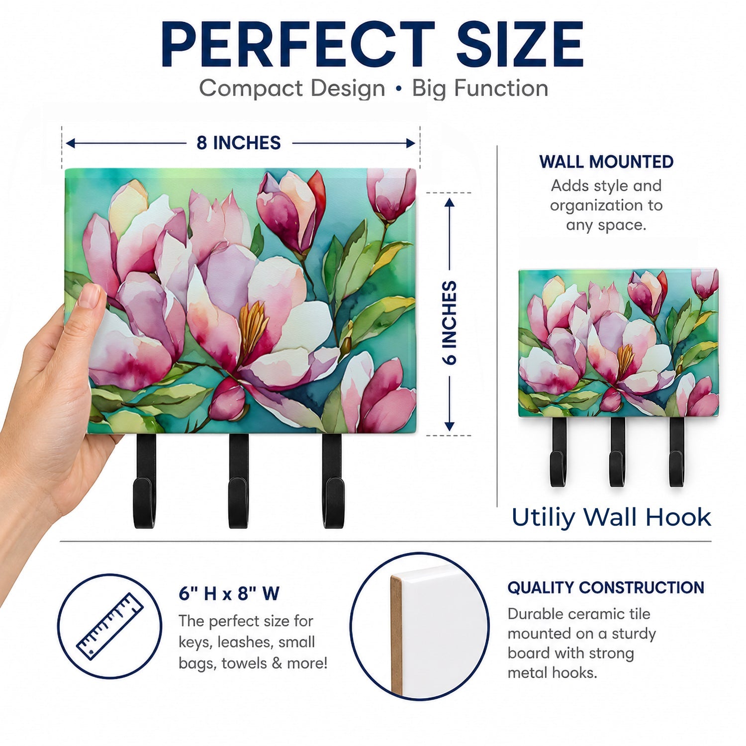 Louisiana Magnolias in Watercolor Leash or Key Holder Wall Hooks, Coat Rack Wall Mount, for Hanging Keys, Towels, Aprons, Leashes