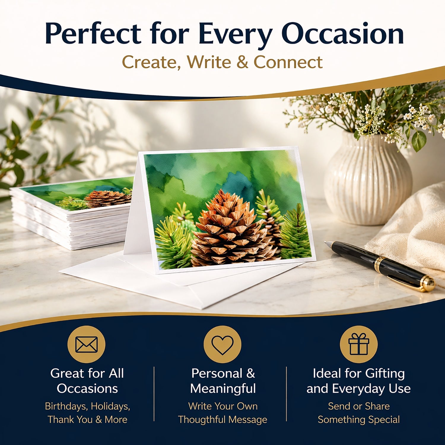 Maine White Pine Cone and Tassels in Watercolor Greeting Cards Pack of 8 Blank Cards with Envelopes Whimsical A7 Size 5x7