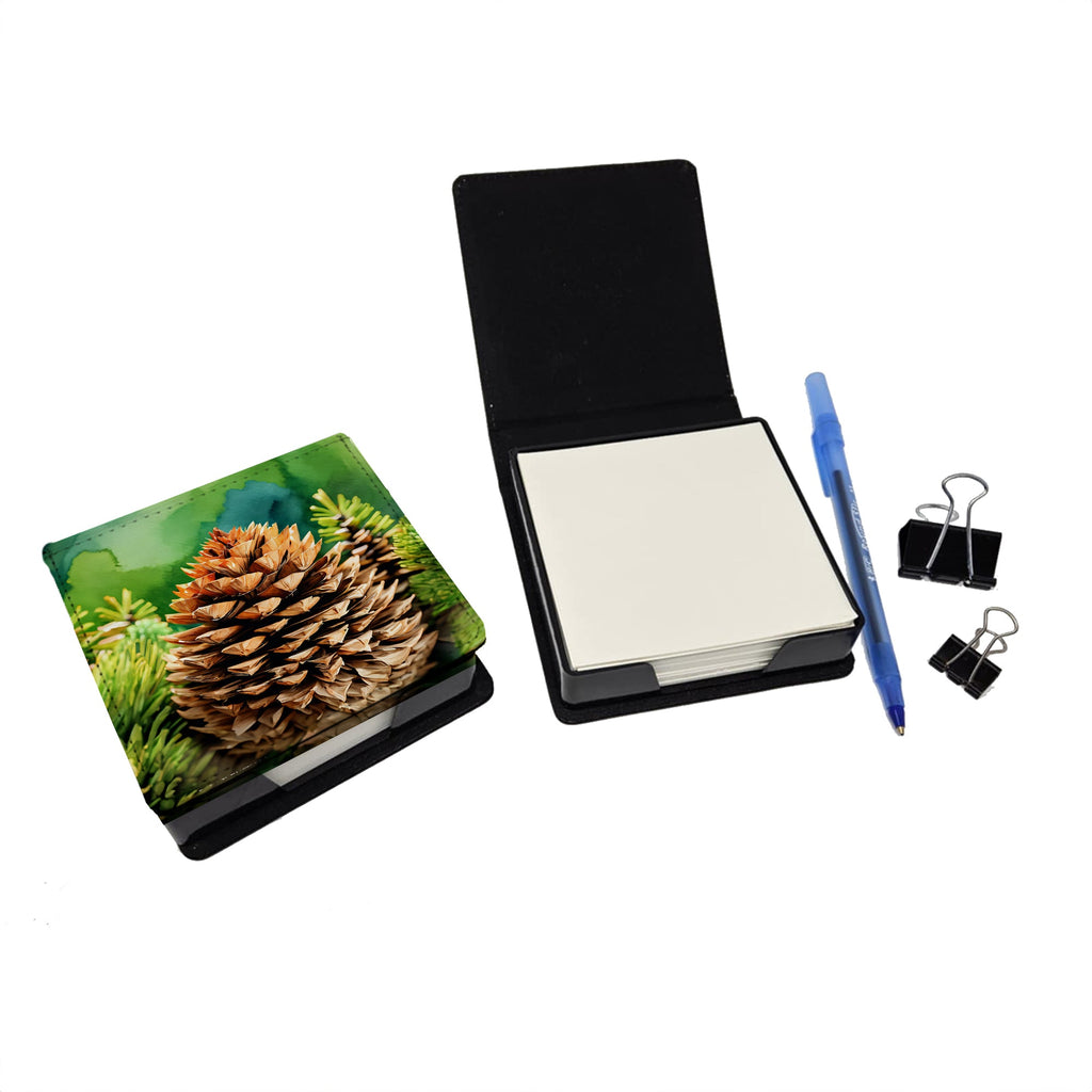 Maine White Pine Cone and Tassels in Watercolor PU Leather Note Paper Holder with Artist-Designed Cover, Desk Accessory, Office Gift