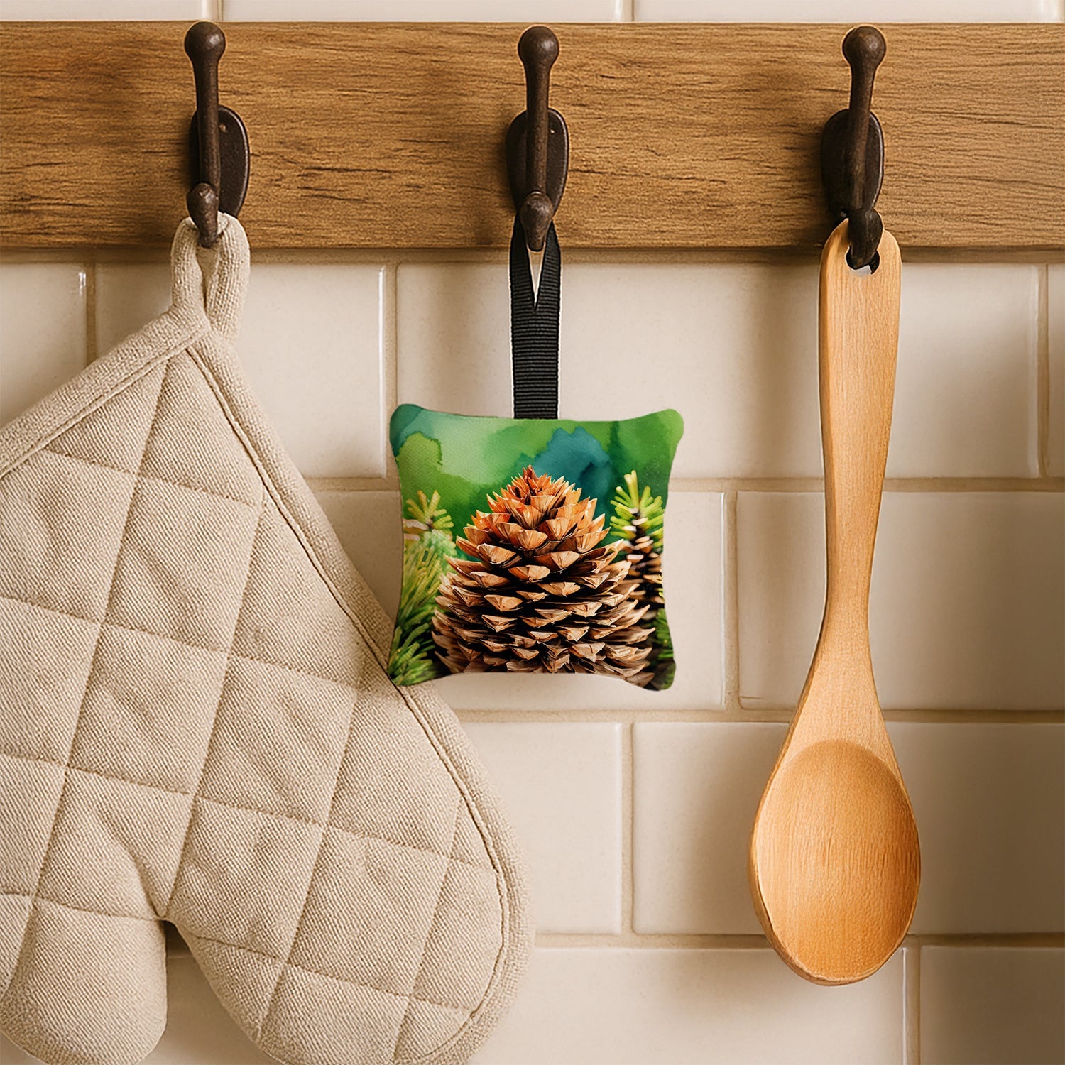 Maine White Pine Cone and Tassels in Watercolor Hanging Square Fabric Ornament 3.5 × 3.5 Decorative Door-Knob & Tree Hanger, Soft Fabric